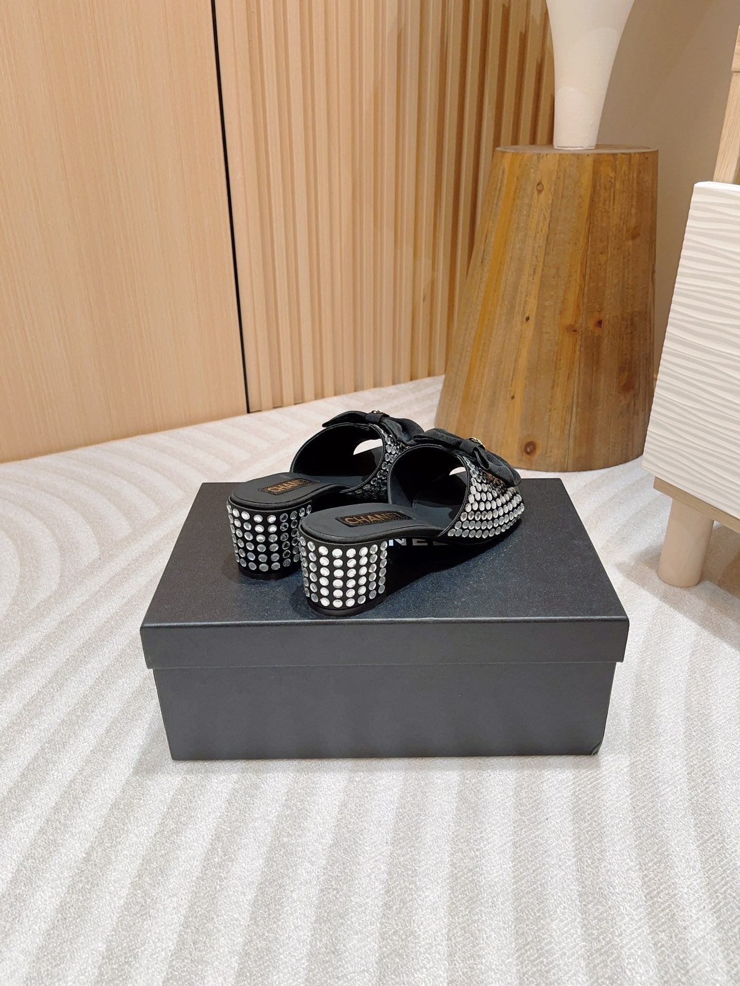 CHANEL HIGH HEEL BLACK SATIN WITH WHITE RHINESTONES