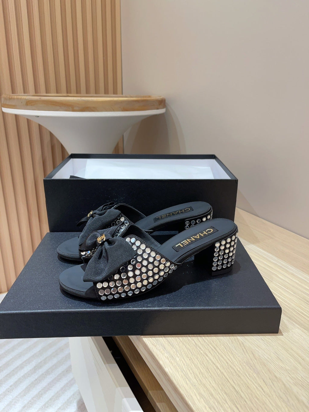 CHANEL HIGH HEEL BLACK SATIN WITH WHITE RHINESTONES