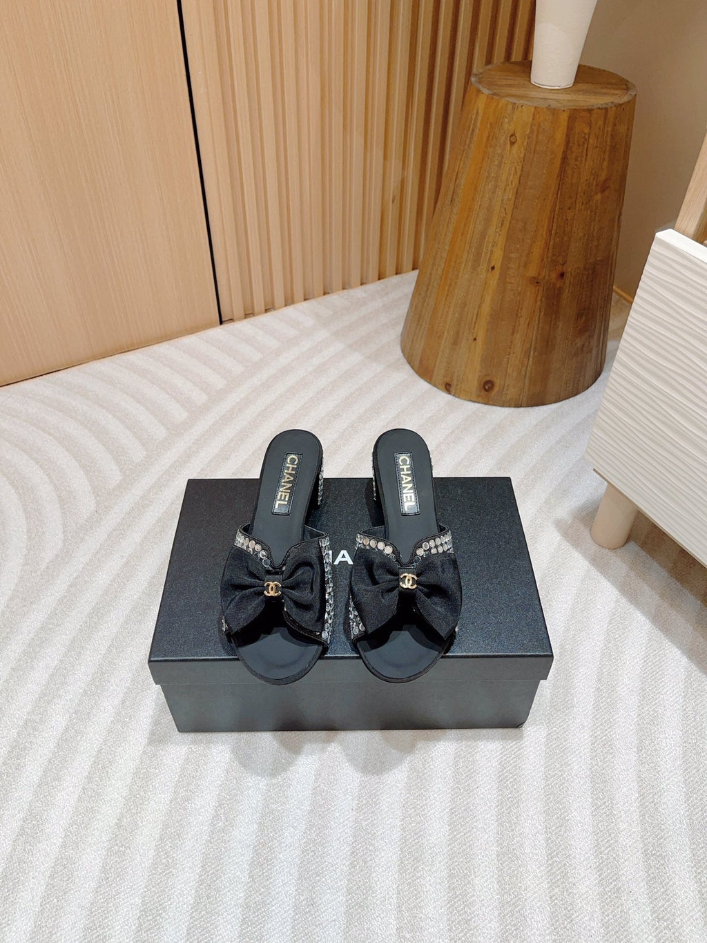 CHANEL HIGH HEEL BLACK SATIN WITH WHITE RHINESTONES