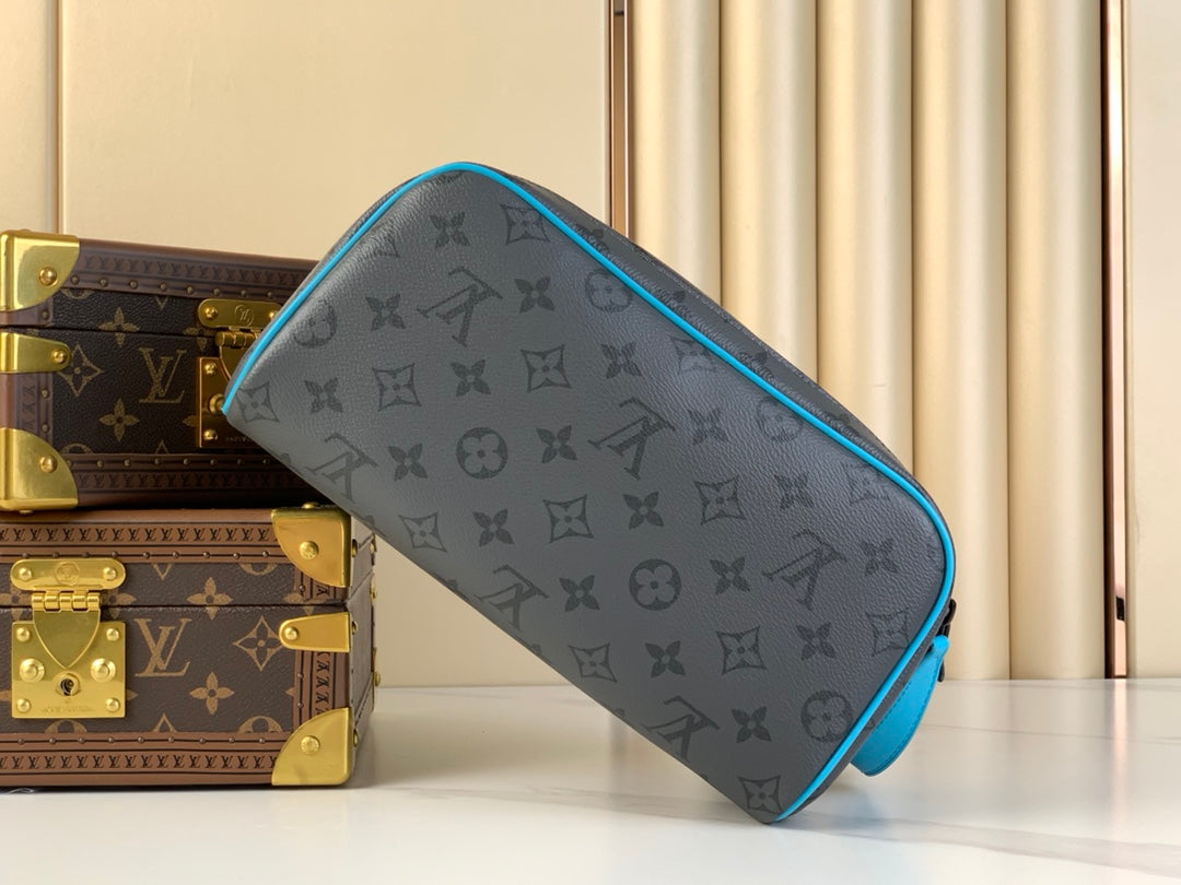 LOUIS VUITTON DOPP KIT 28 IN GUN METAL MONOGRAM ECLIPSE CANVAS AND TURQUOISE CALFSKIN TRIM