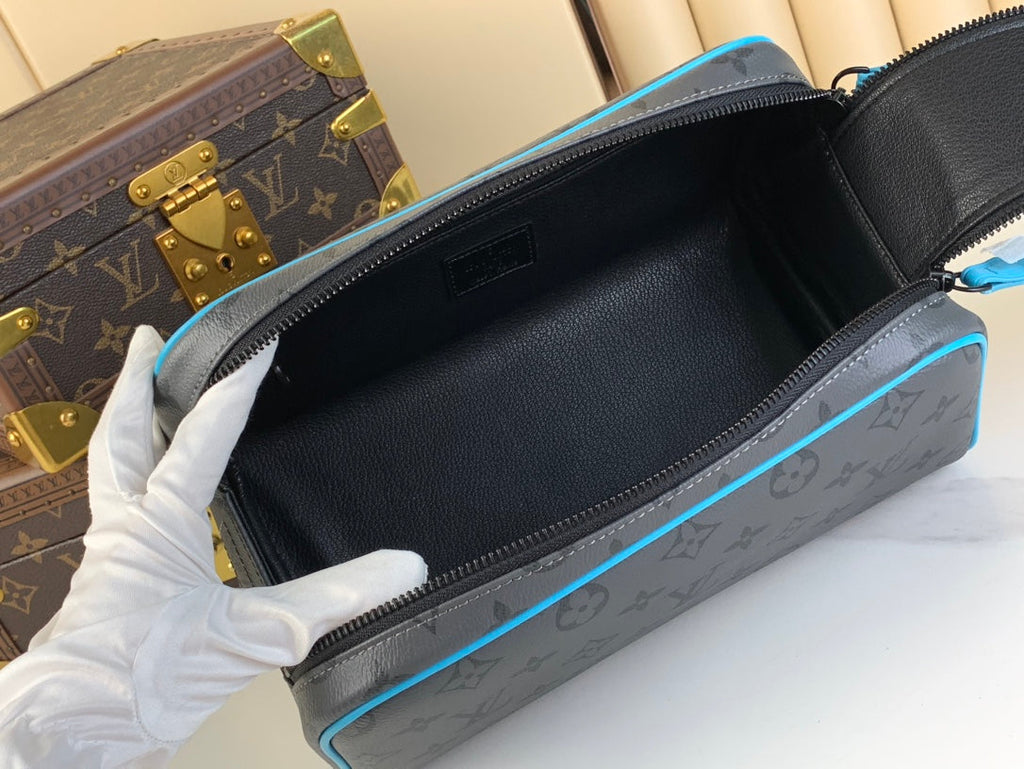 LOUIS VUITTON DOPP KIT 28 IN GUN METAL MONOGRAM ECLIPSE CANVAS AND TURQUOISE CALFSKIN TRIM