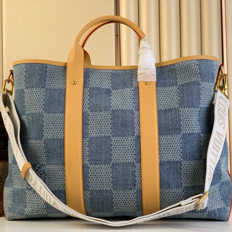 LOUIS VUITTON WEEKEND TOTE BAG 43 IN BLUE DAMIER DENIM 3D