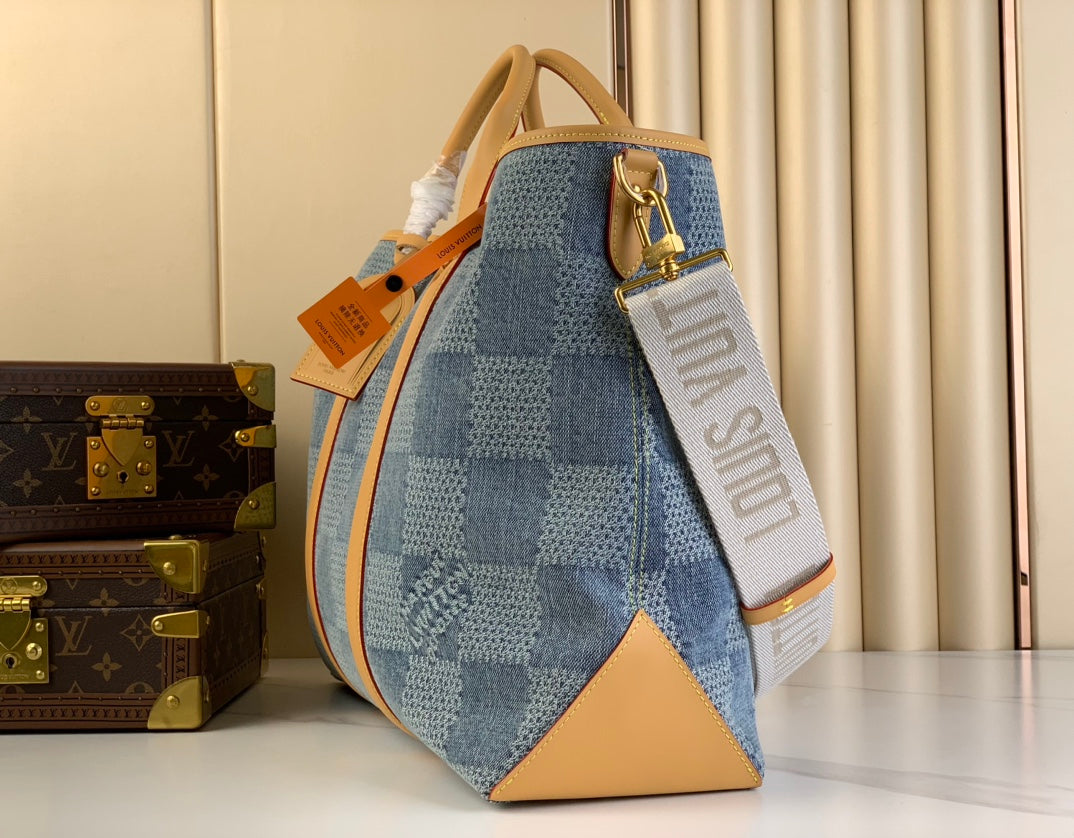 LOUIS VUITTON WEEKEND TOTE BAG 43 IN BLUE DAMIER DENIM 3D