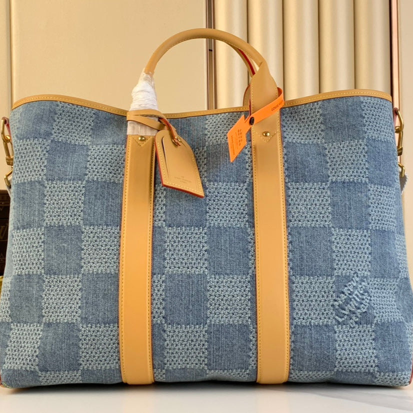 LOUIS VUITTON WEEKEND TOTE BAG 43 IN BLUE DAMIER DENIM 3D