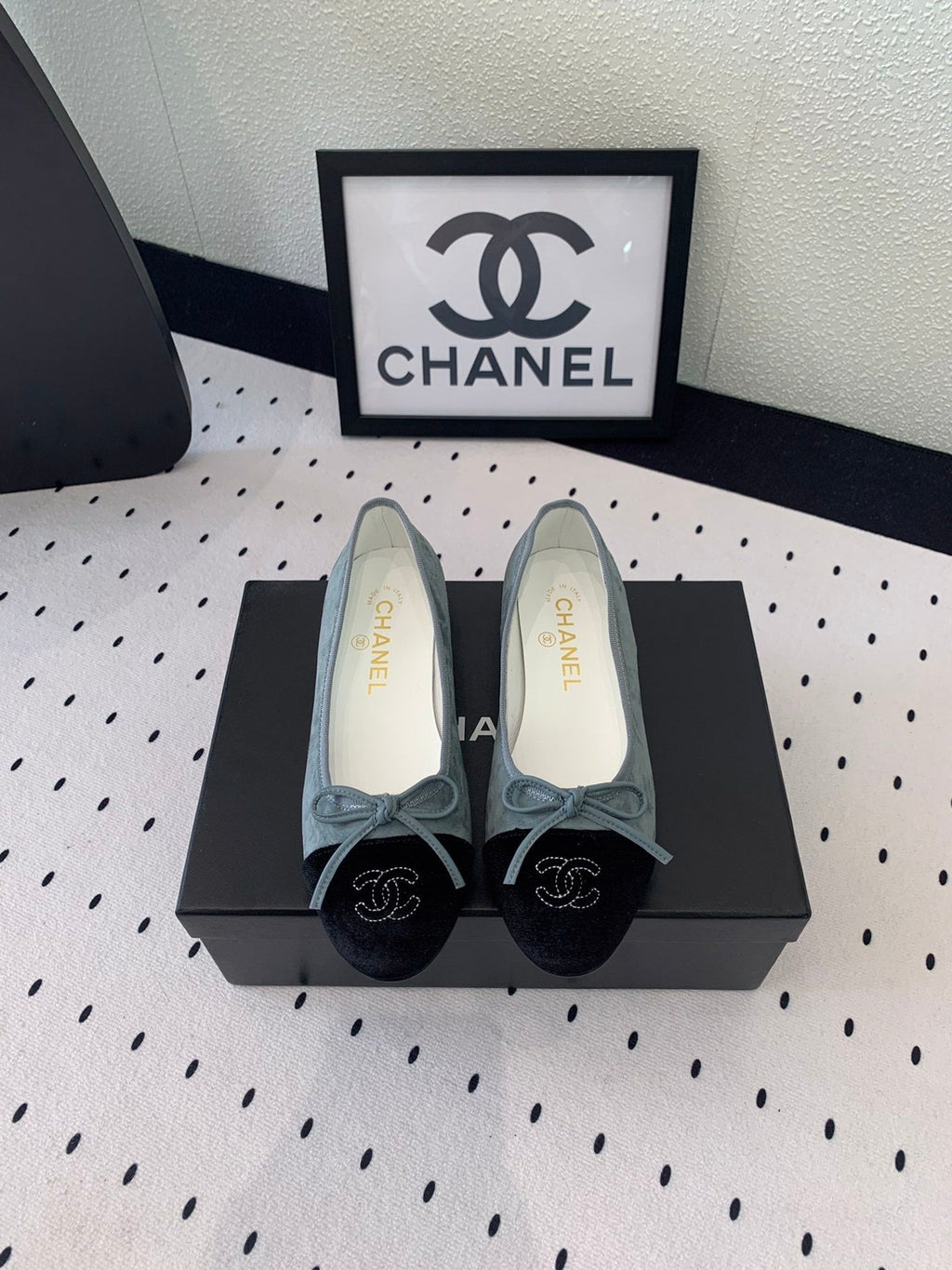 CHANEL BALLET FLAT ICEBERG BLUE MIX BLACK VELVET