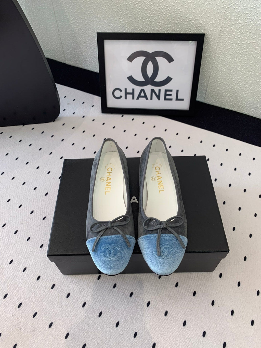 CHANEL BALLET FLAT GREY MIX LIGHT BLUE VELVET