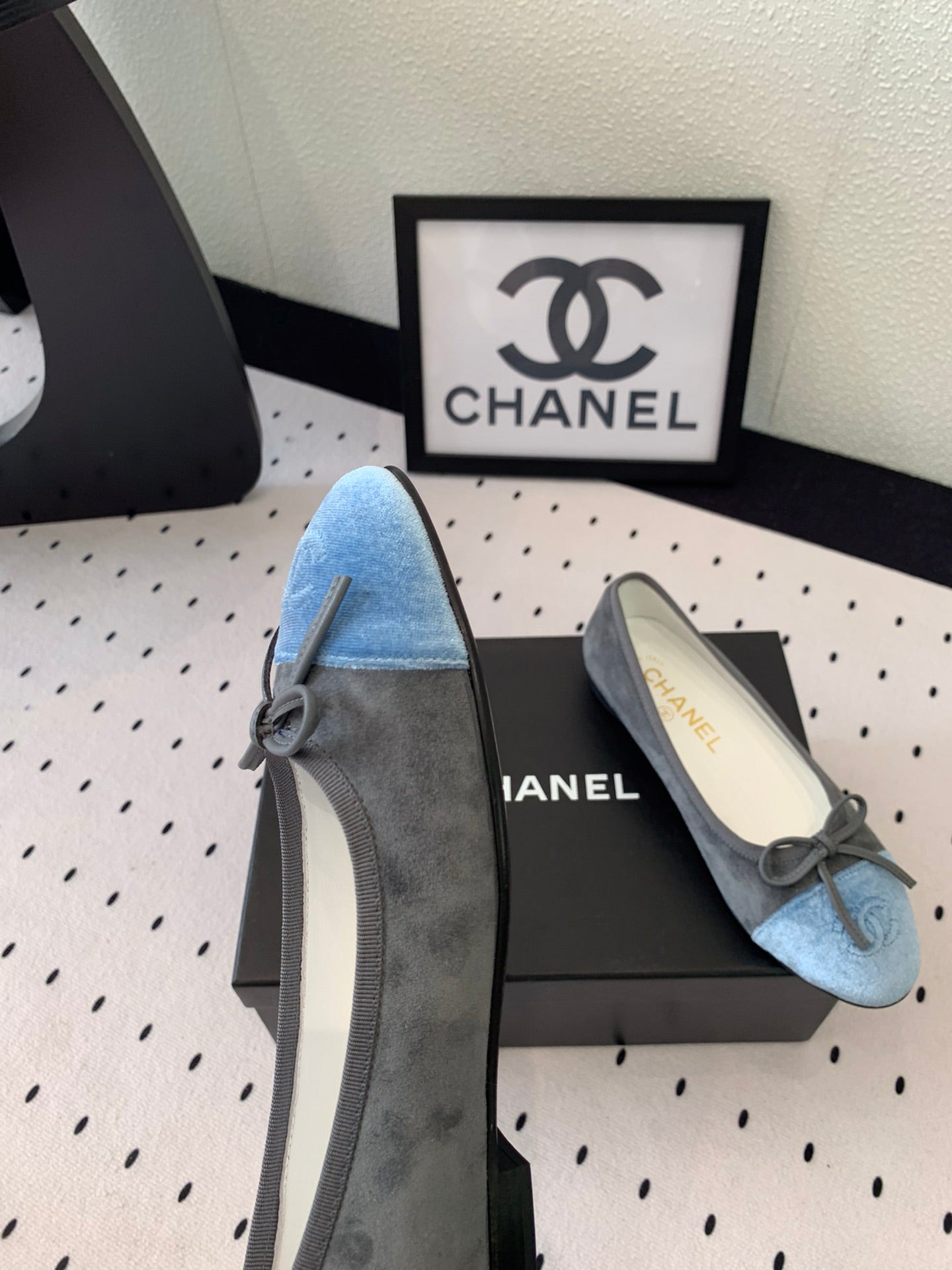 CHANEL BALLET FLAT GREY MIX LIGHT BLUE VELVET