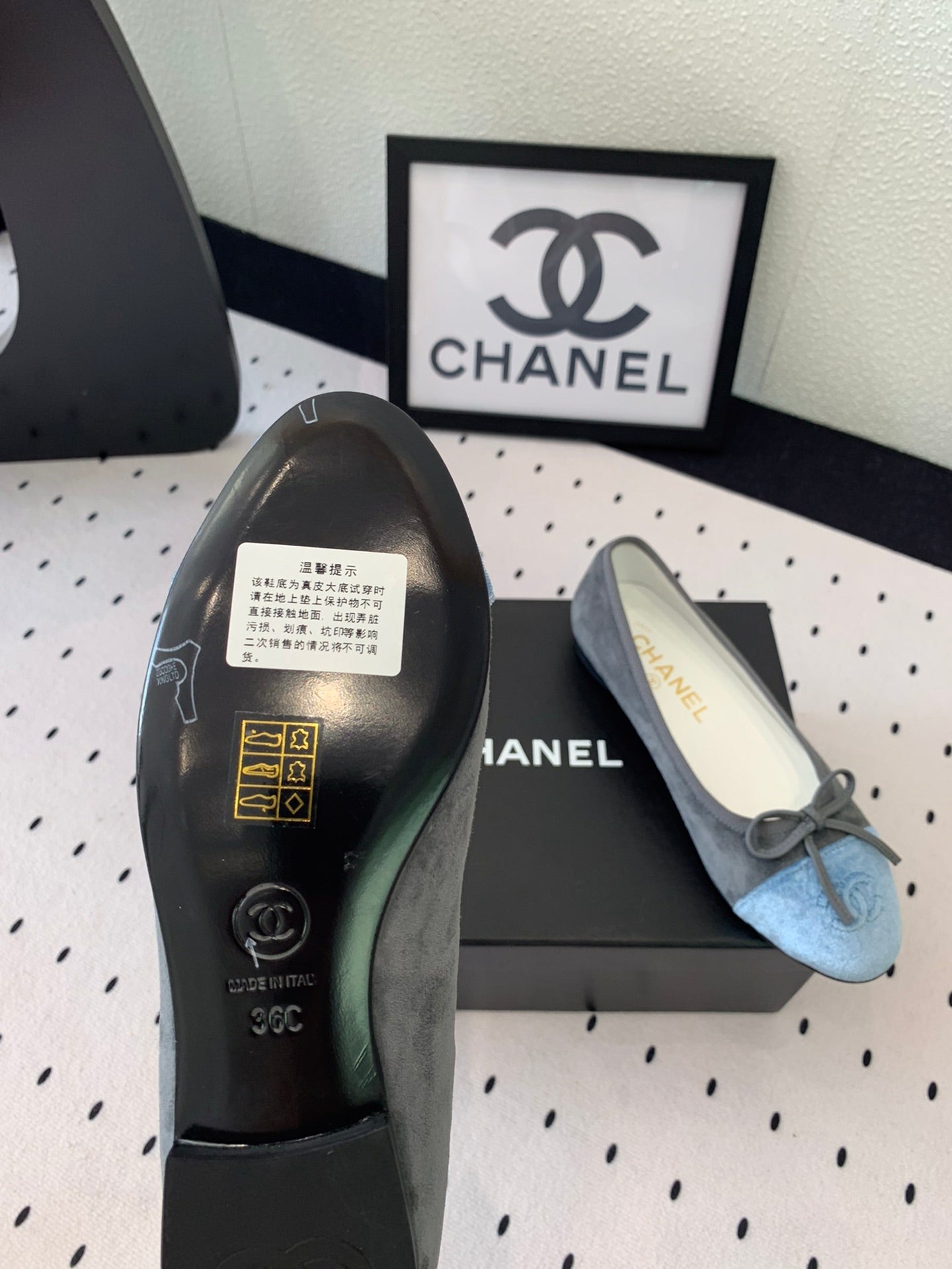 CHANEL BALLET FLAT GREY MIX LIGHT BLUE VELVET