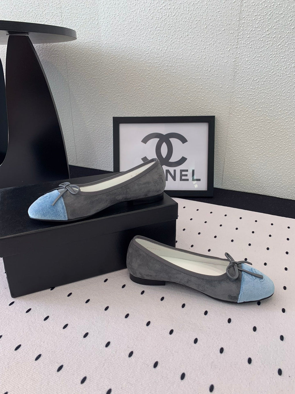 CHANEL BALLET FLAT GREY MIX LIGHT BLUE VELVET