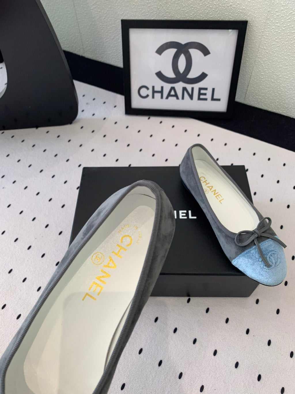 CHANEL BALLET FLAT GREY MIX LIGHT BLUE VELVET