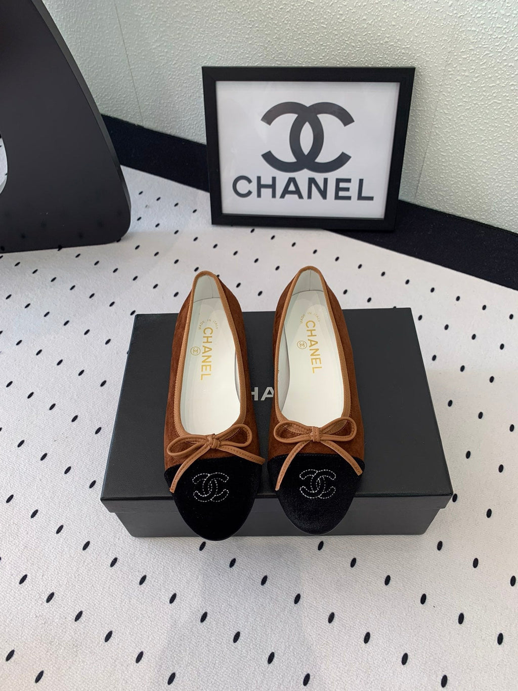 CHANEL BALLET FLAT BROWN MIX BLACK VELVET