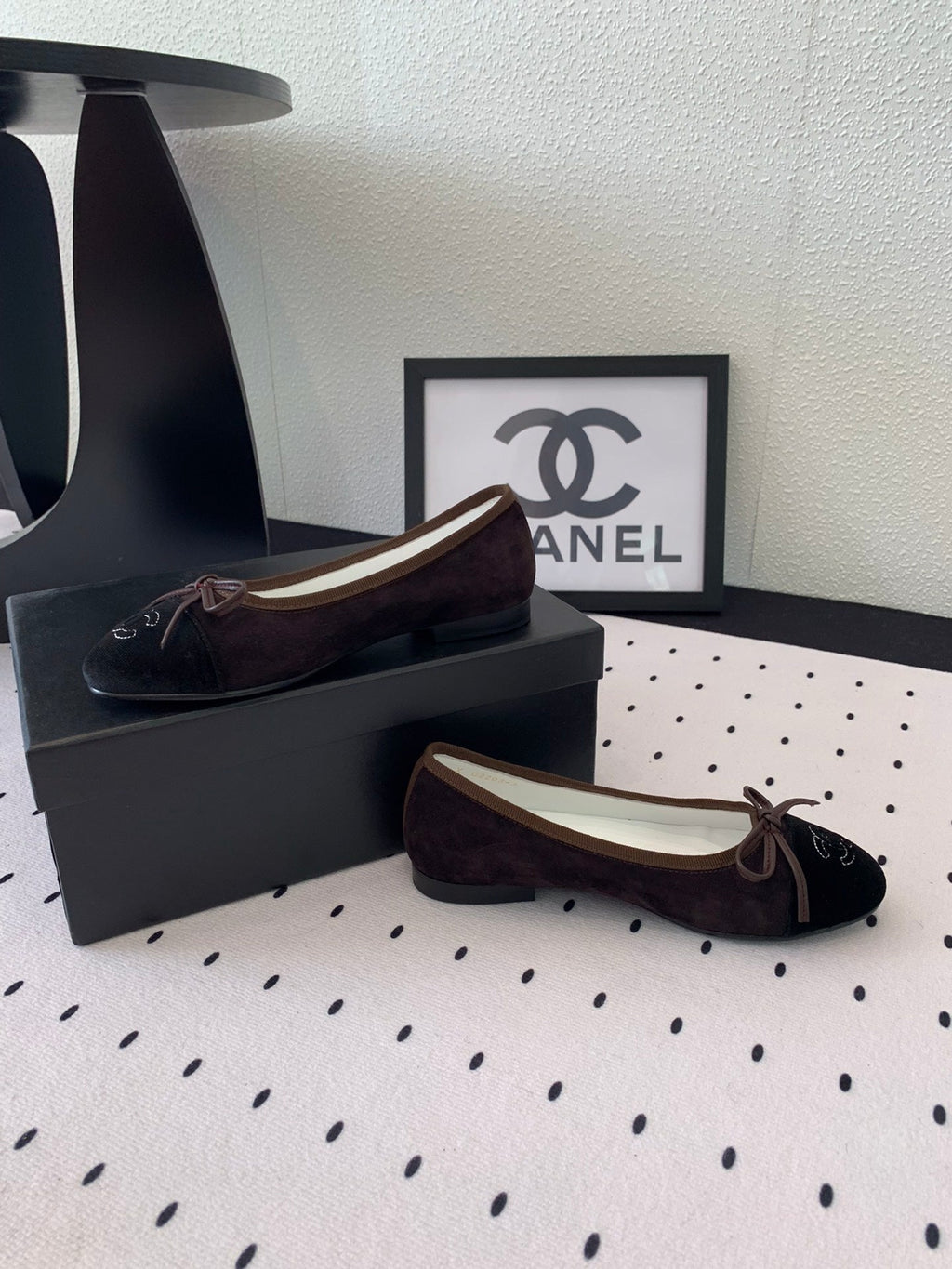 CHANEL BALLET FLAT DARK BROWN MIX BLACK VELVET