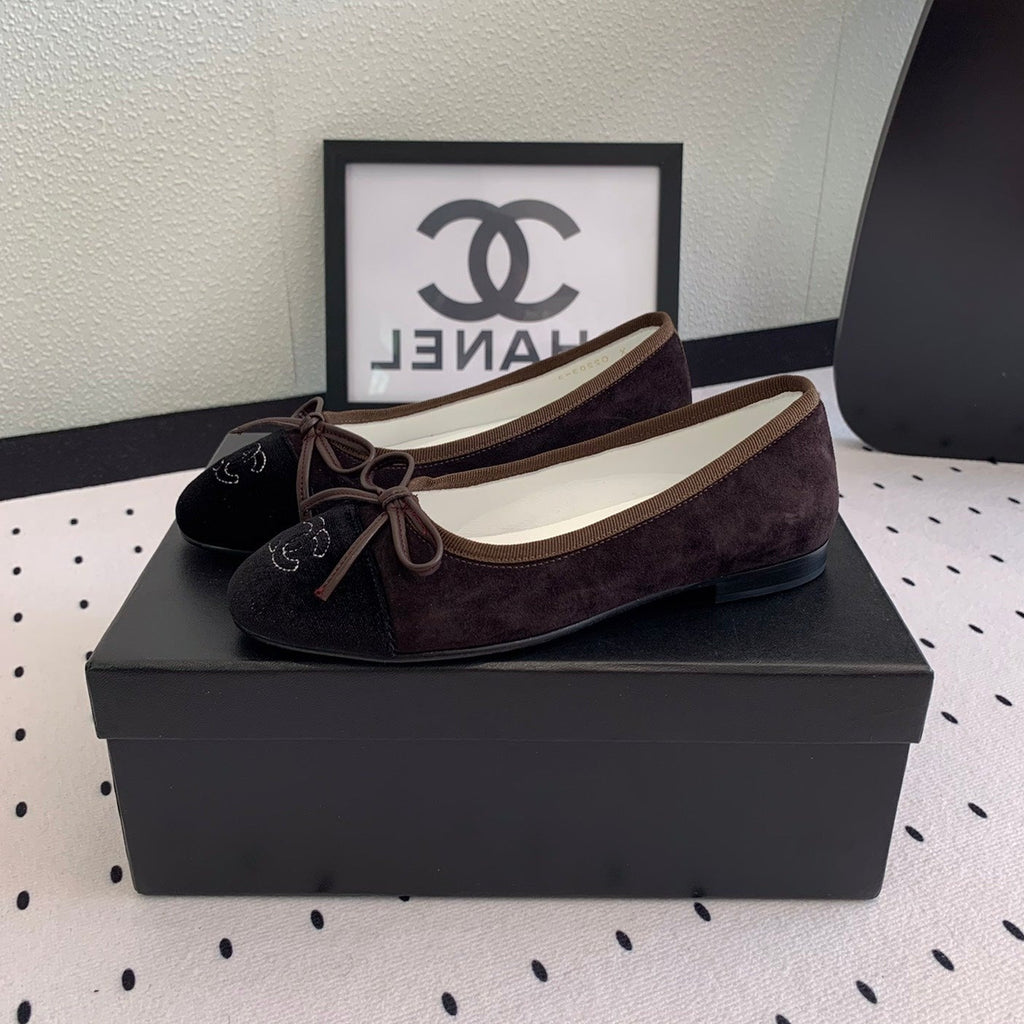 CHANEL BALLET FLAT DARK BROWN MIX BLACK VELVET