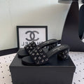 CHANEL RHINESTONE LETTER HIGH HEELS BLACK LAMBSKIN