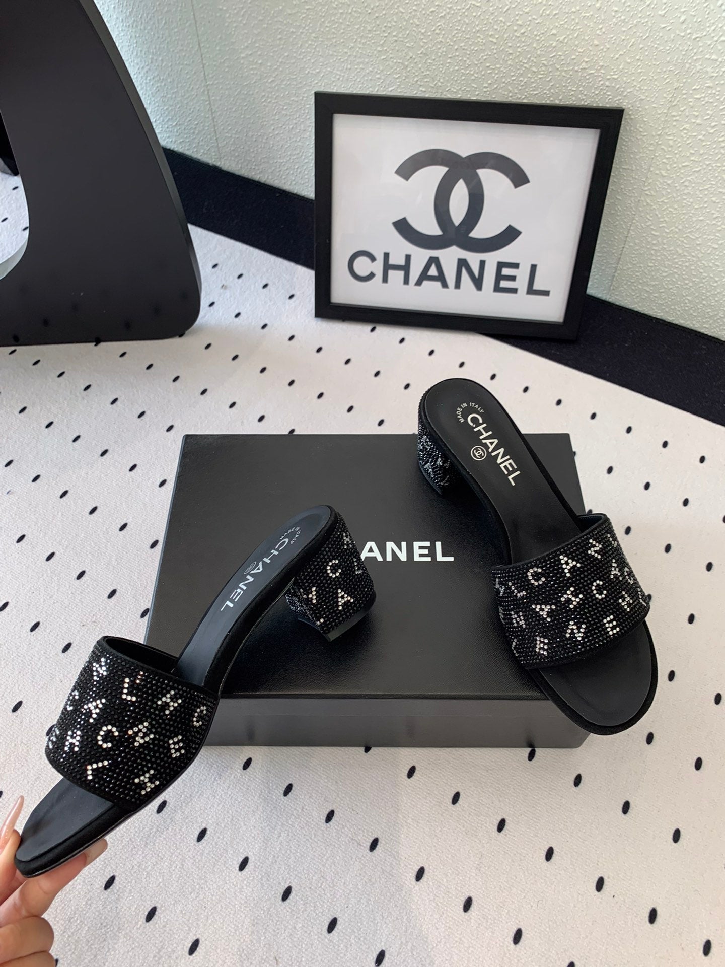 CHANEL RHINESTONE LETTER HIGH HEELS BLACK LAMBSKIN