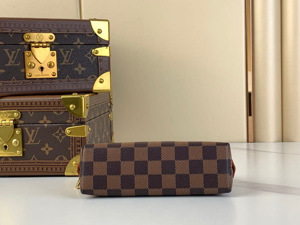 LOUIS VUITTON COSMETIC POUCH PM 19 IN BROWN DAMIER EBENE CANVAS