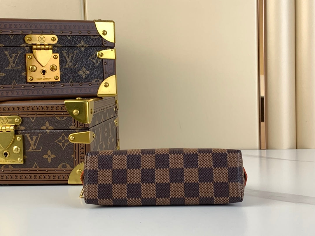 LOUIS VUITTON COSMETIC POUCH PM 19 IN BROWN DAMIER EBENE CANVAS