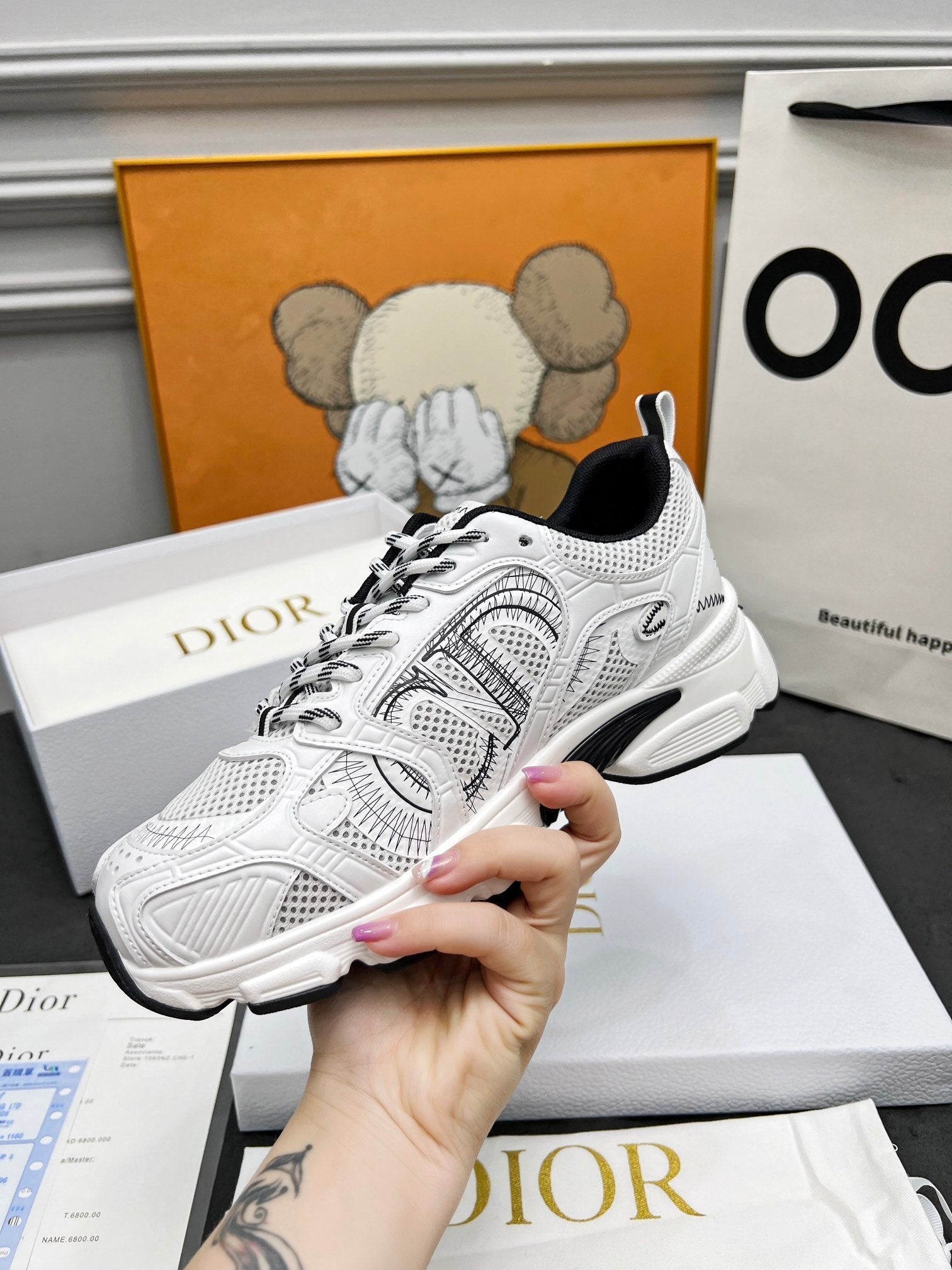 DIOR CD CHRONO SNEAKERS IN WHITE AND BLACK MESH