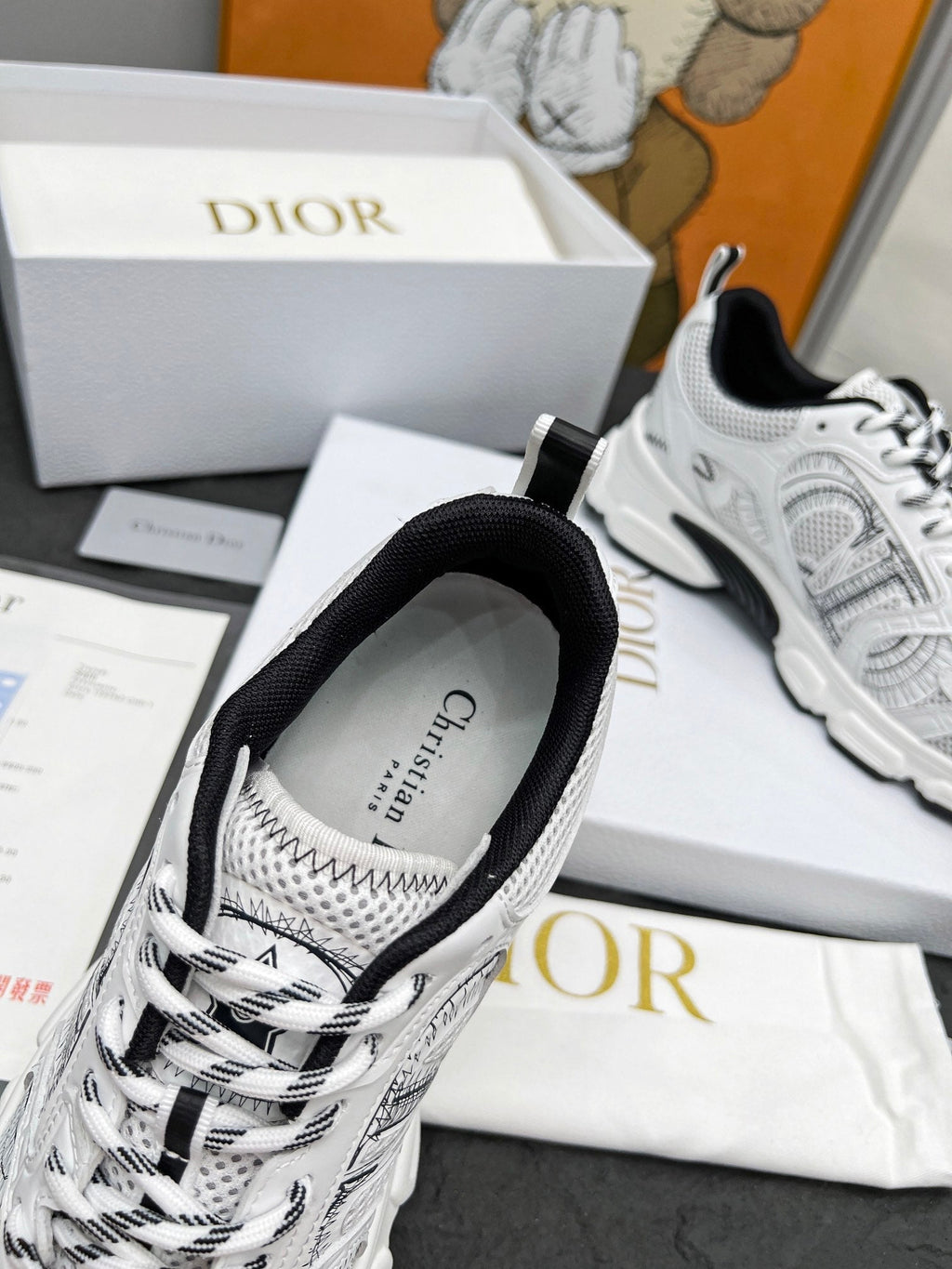 DIOR CD CHRONO SNEAKERS IN WHITE AND BLACK MESH