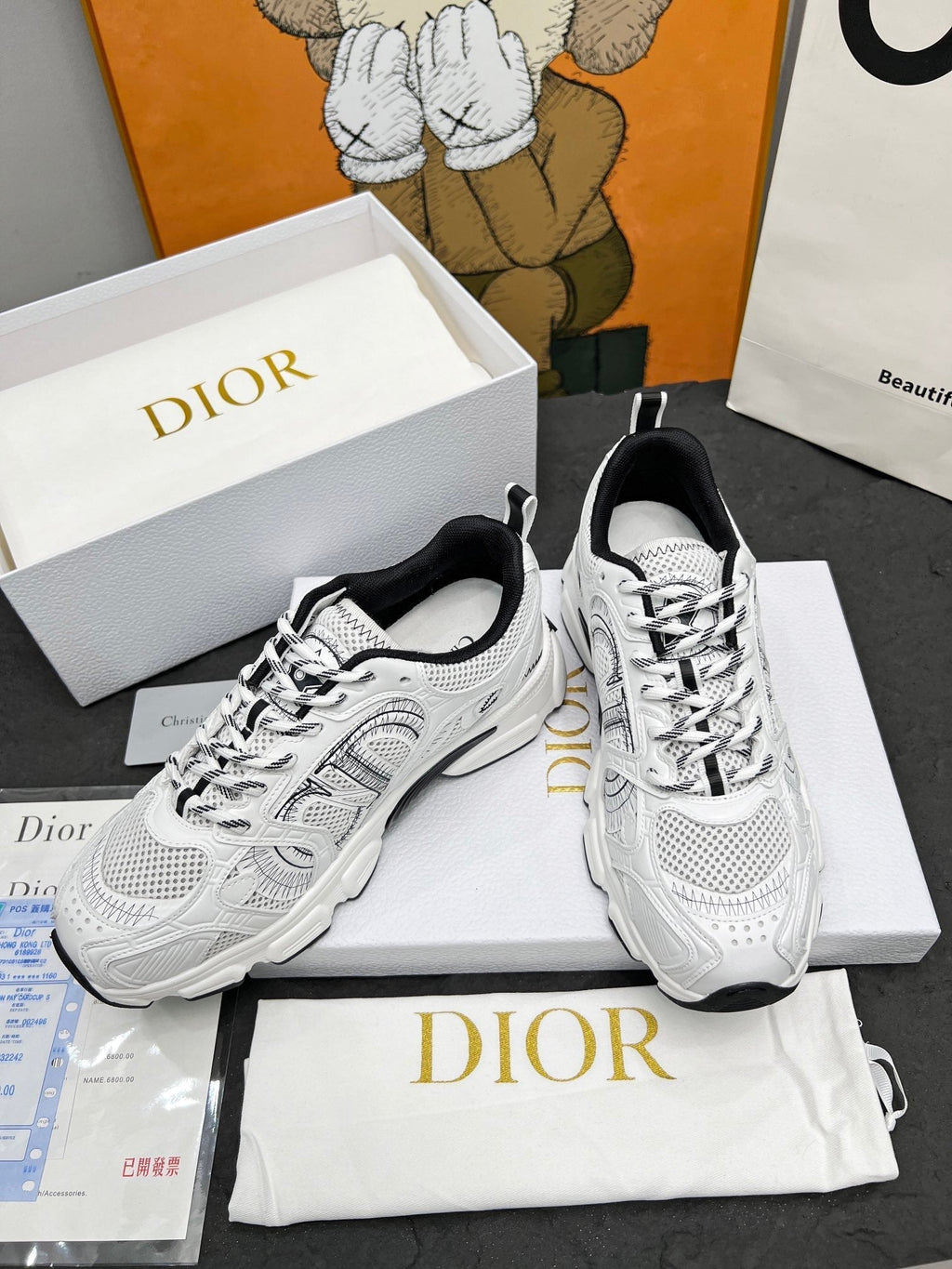 DIOR CD CHRONO SNEAKERS IN WHITE AND BLACK MESH