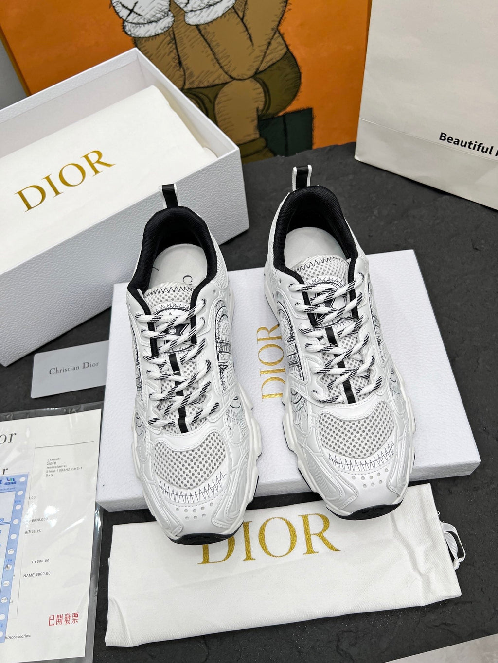 DIOR CD CHRONO SNEAKERS IN WHITE AND BLACK MESH