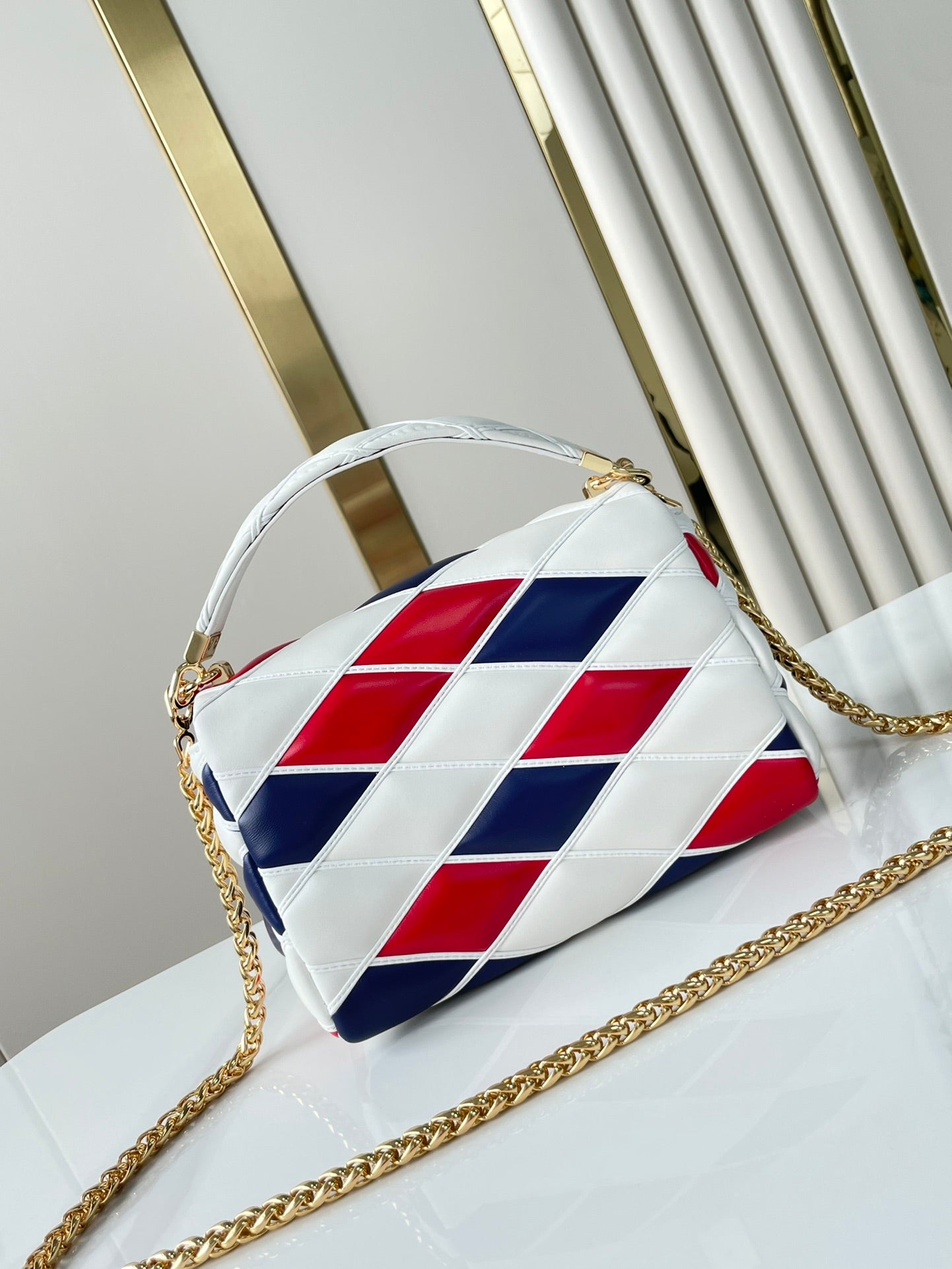 LOUIS VUITTON GO-14 MM 23 IN WHITE RED MIX NAVY BLUE QUILTED LAMBSKIN GOLD HARDWARE