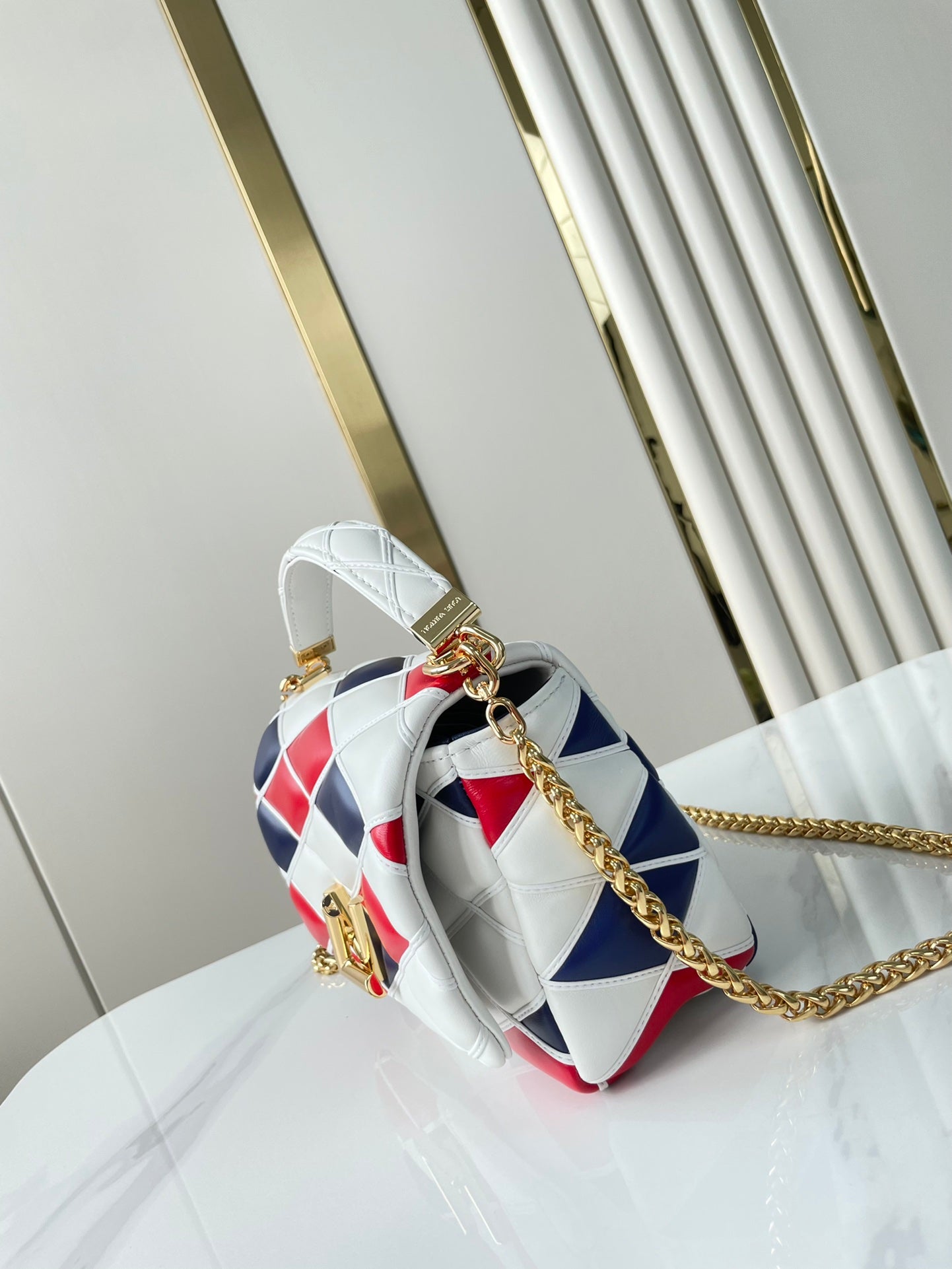 LOUIS VUITTON GO-14 MM 23 IN WHITE RED MIX NAVY BLUE QUILTED LAMBSKIN GOLD HARDWARE