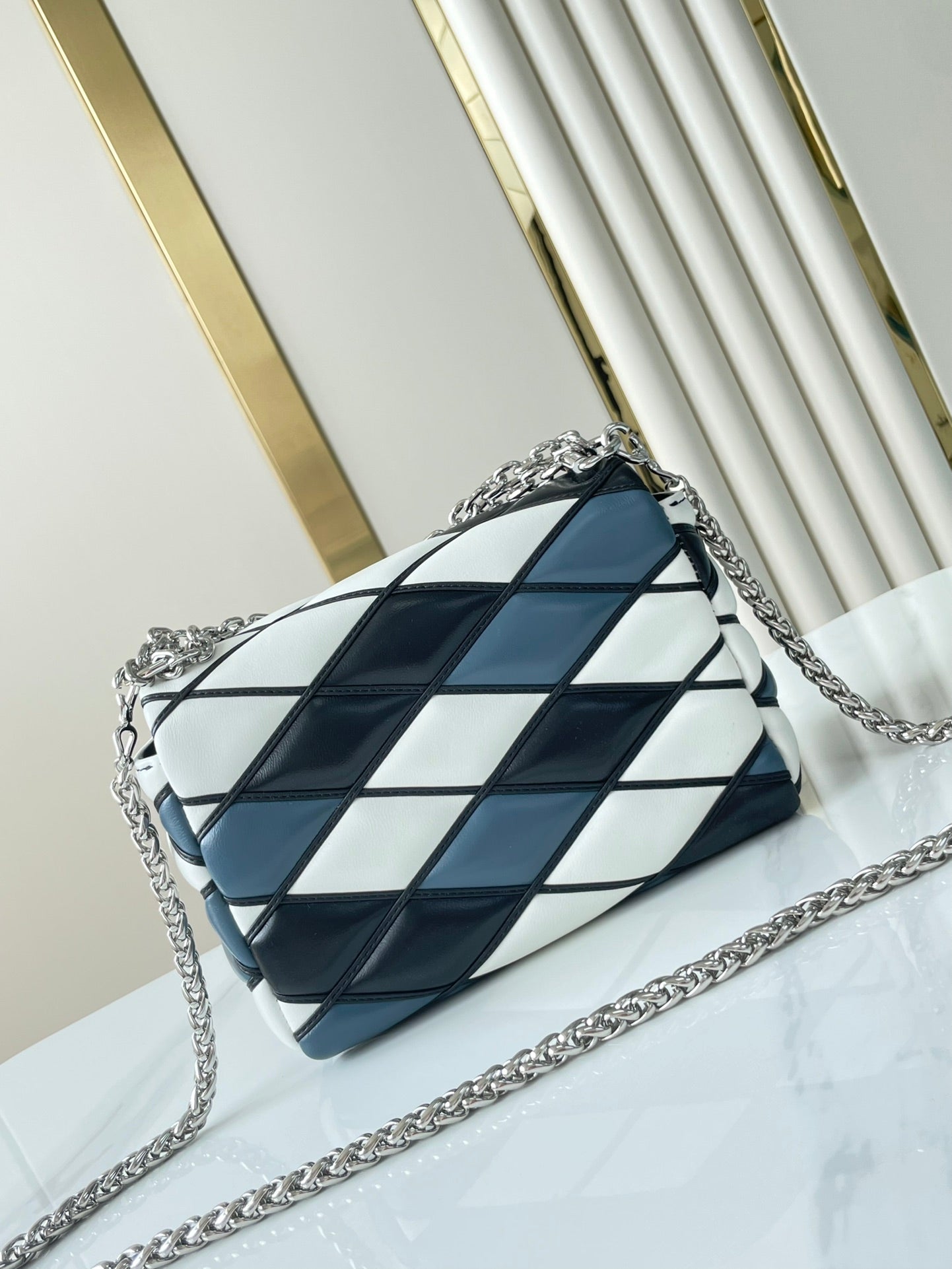 LOUIS VUITTON GO-14 MM 23 IN WHITE BLACK MIX STEEL BLUE QUILTED LAMBSKIN SILVER HARDWARE