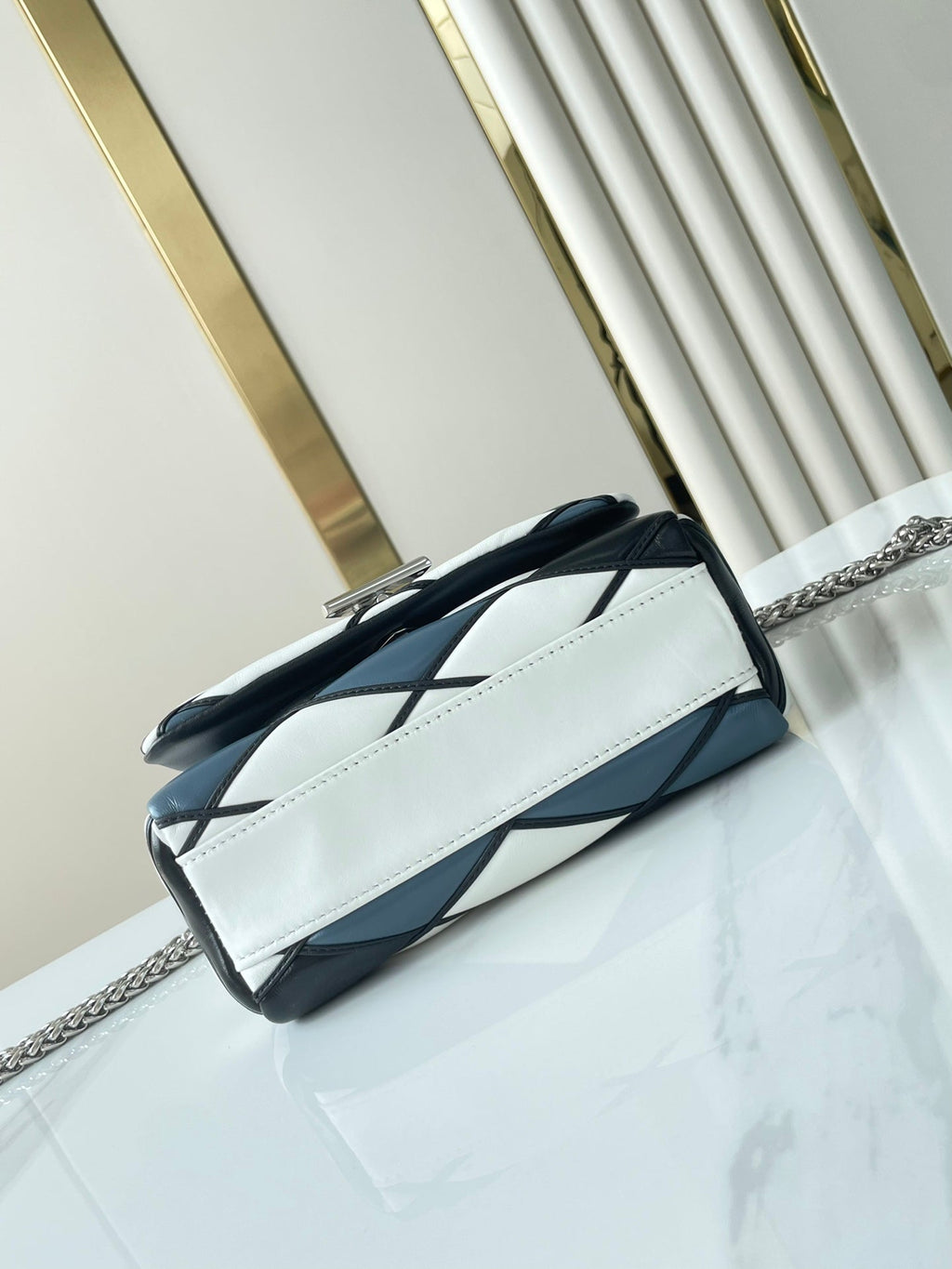 LOUIS VUITTON GO-14 MM 23 IN WHITE BLACK MIX STEEL BLUE QUILTED LAMBSKIN SILVER HARDWARE