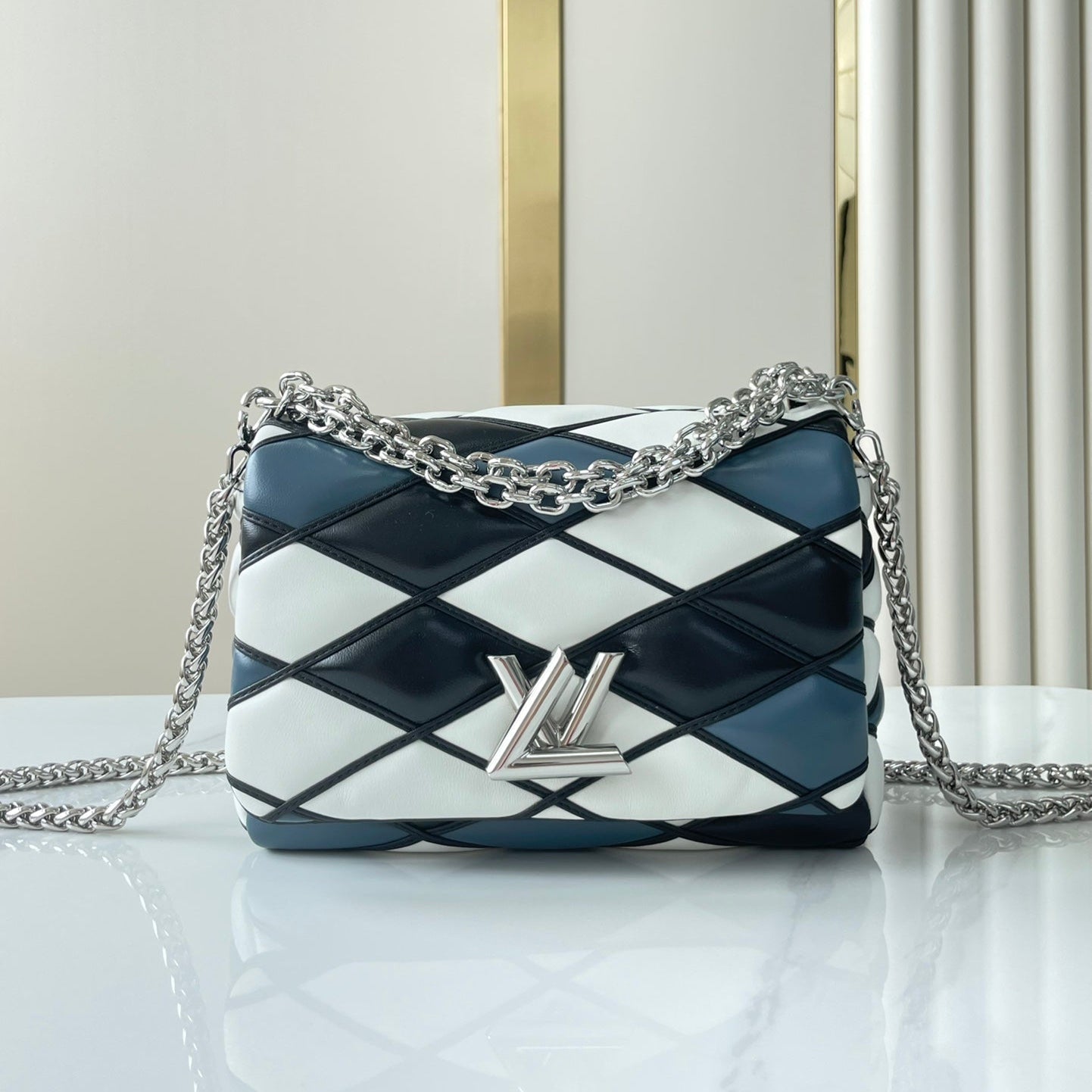 LOUIS VUITTON GO-14 MM 23 IN WHITE BLACK MIX STEEL BLUE QUILTED LAMBSKIN SILVER HARDWARE