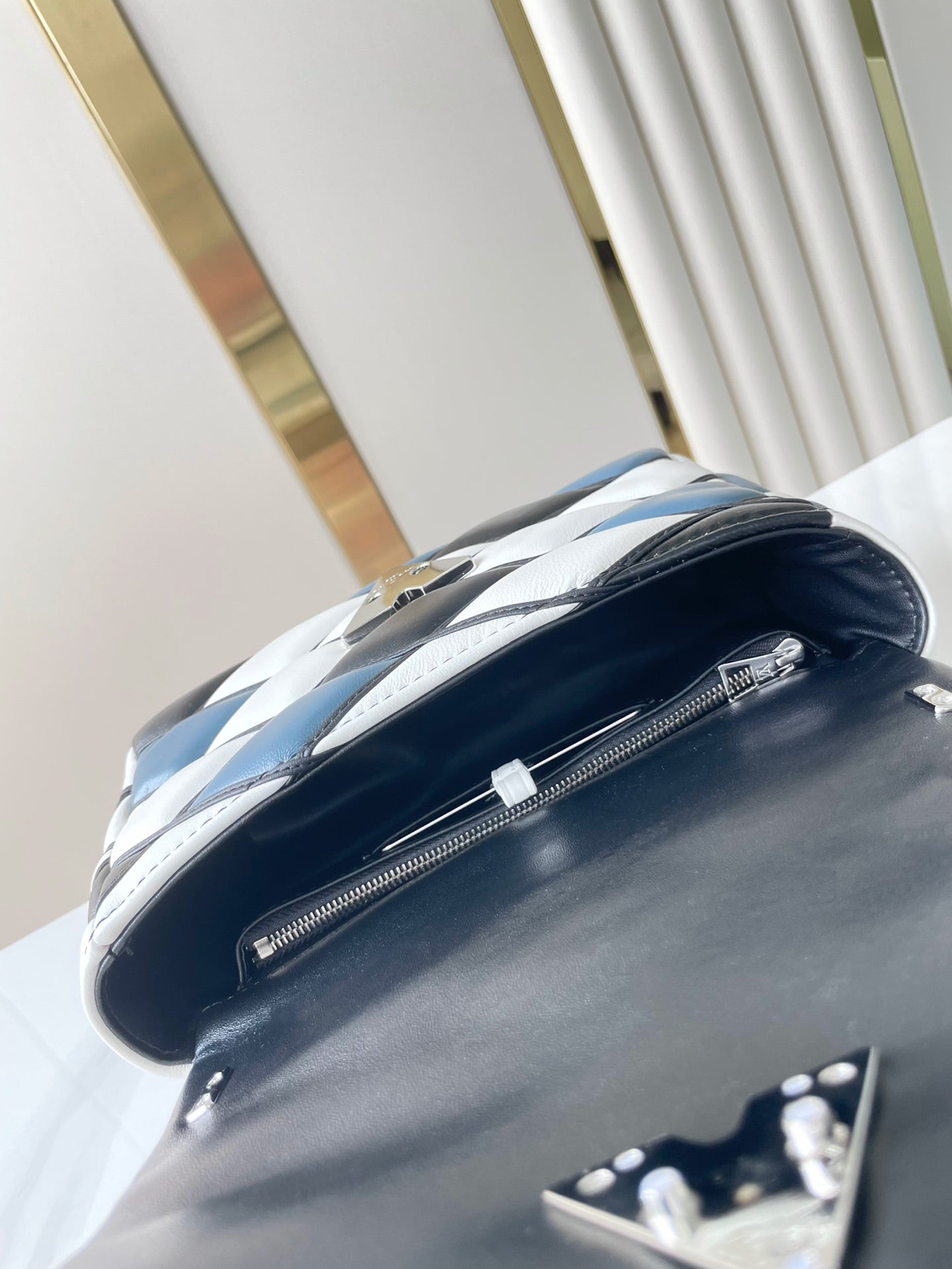 LOUIS VUITTON GO-14 MM 23 IN WHITE BLACK MIX STEEL BLUE QUILTED LAMBSKIN SILVER HARDWARE