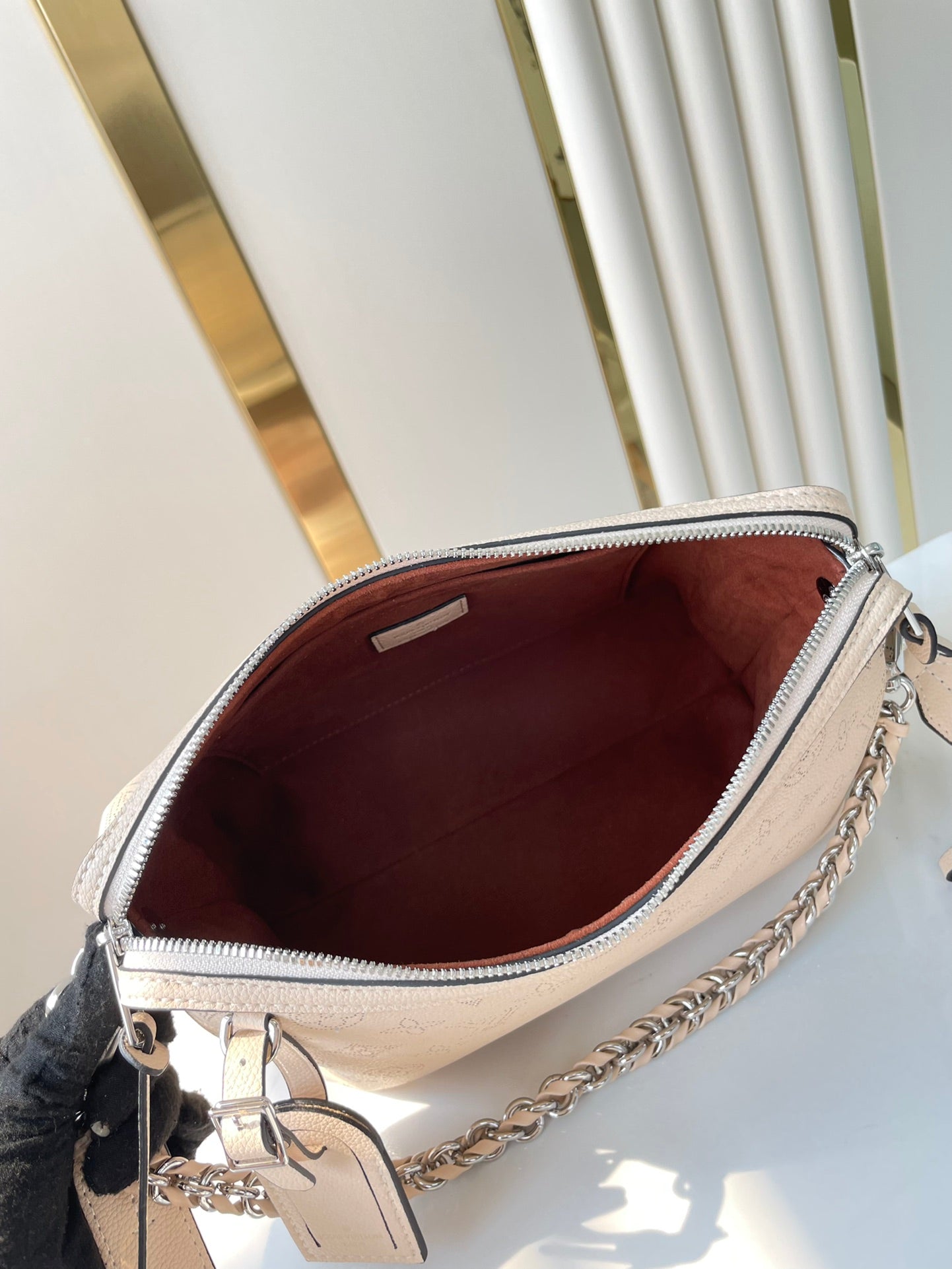 LOUIS VUITTON HAND IT ALL PM 29 IN BEIGE MONOGRAM PERFORATE CALFSKIN SILVER HARDWARE