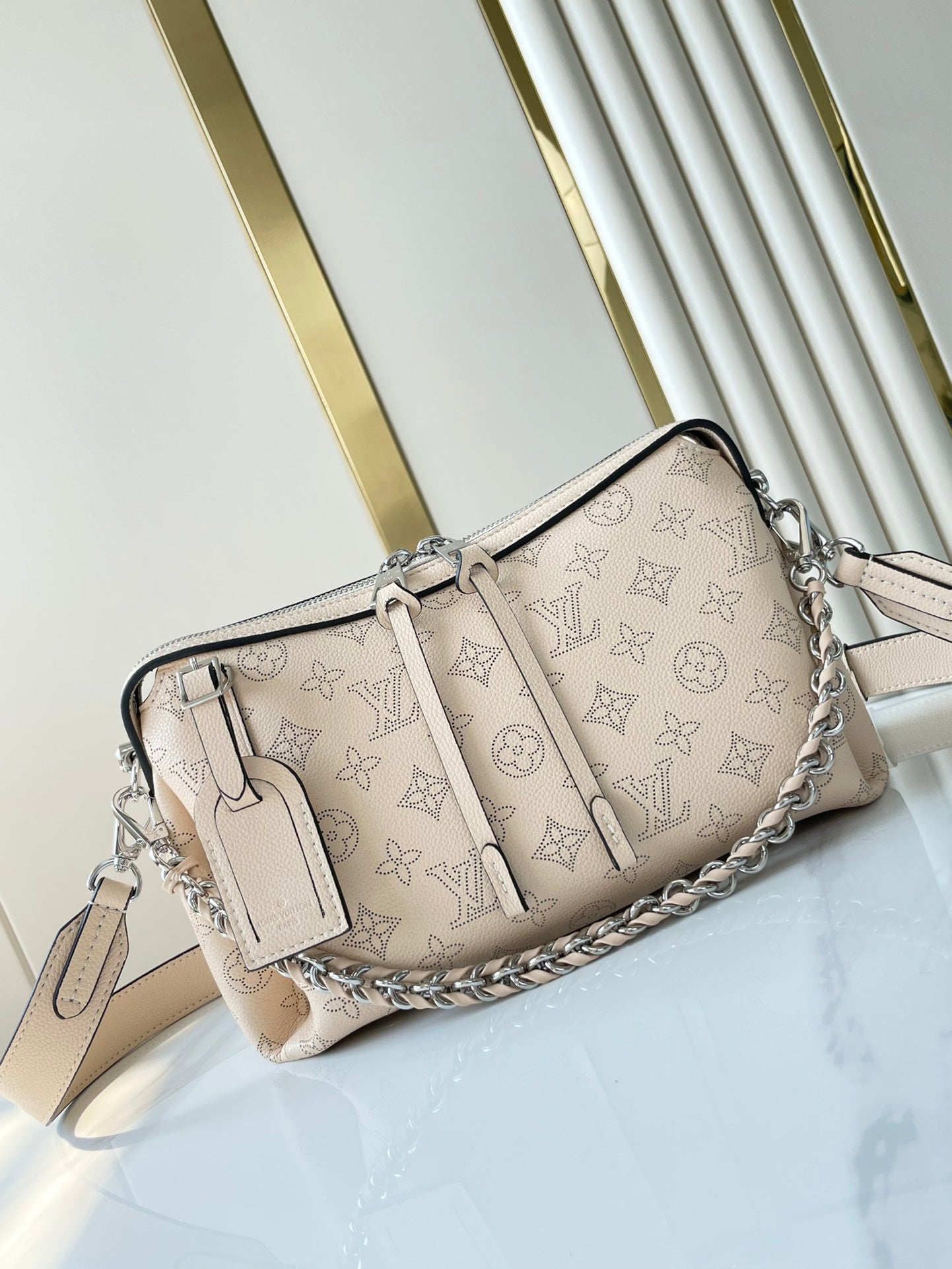 LOUIS VUITTON HAND IT ALL PM 29 IN BEIGE MONOGRAM PERFORATE CALFSKIN SILVER HARDWARE