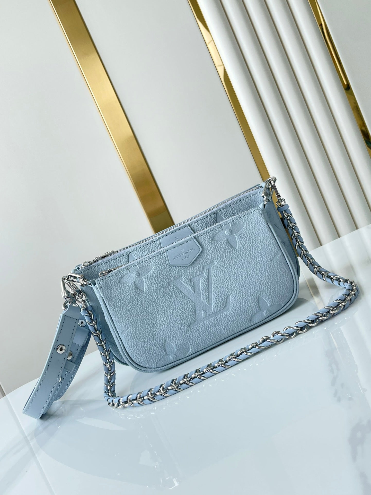 LOUIS VUITTON MULTI POCHETTE ACCESSOIRES 24 IN BEAU BLUE MONOGRAM EMPREINTE LEATHER