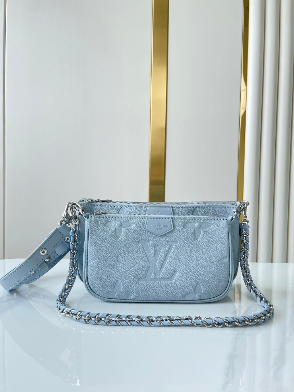 LOUIS VUITTON MULTI POCHETTE ACCESSOIRES 24 IN BEAU BLUE MONOGRAM EMPREINTE LEATHER