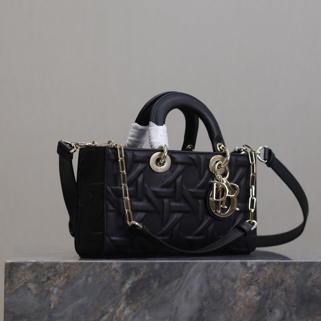 DIOR LADY D-JOY BAG 26 IN BLACK GRAPHIC CANNAGE CALFSKIN PALE GOLD-FINISH METAL CHARMS
