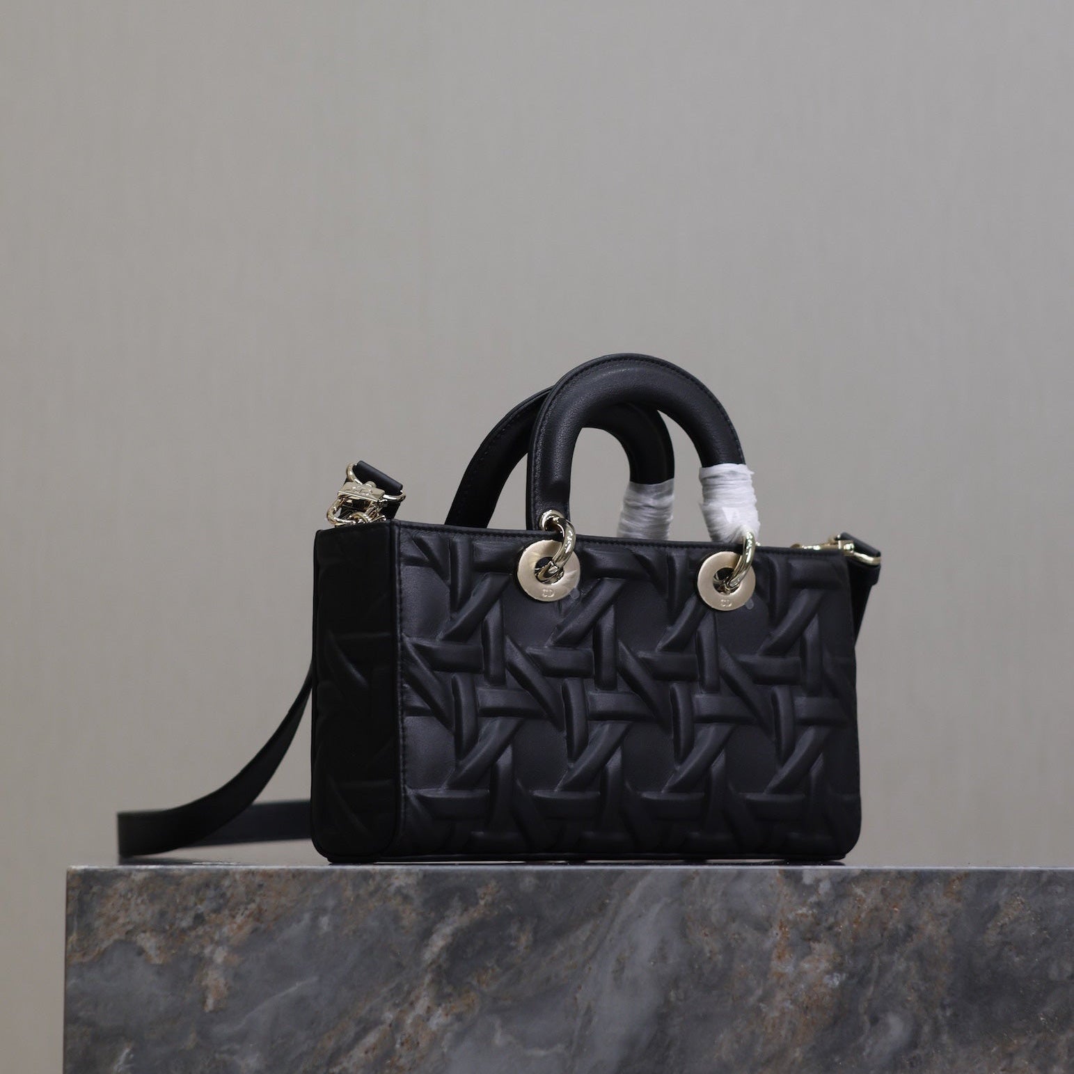 DIOR LADY D-JOY BAG 26 IN BLACK GRAPHIC CANNAGE CALFSKIN PALE GOLD-FINISH METAL CHARMS