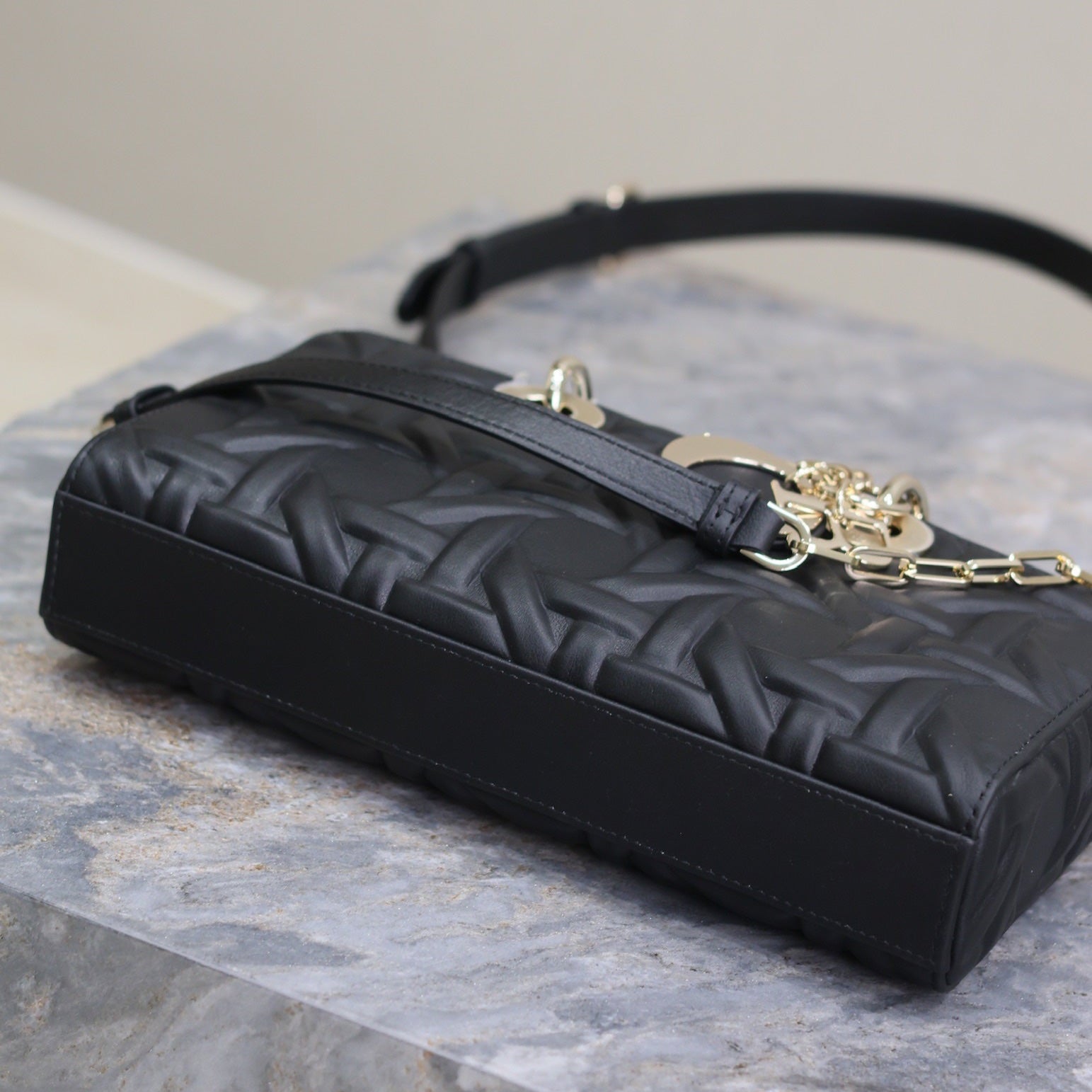 DIOR LADY D-JOY BAG 26 IN BLACK GRAPHIC CANNAGE CALFSKIN PALE GOLD-FINISH METAL CHARMS