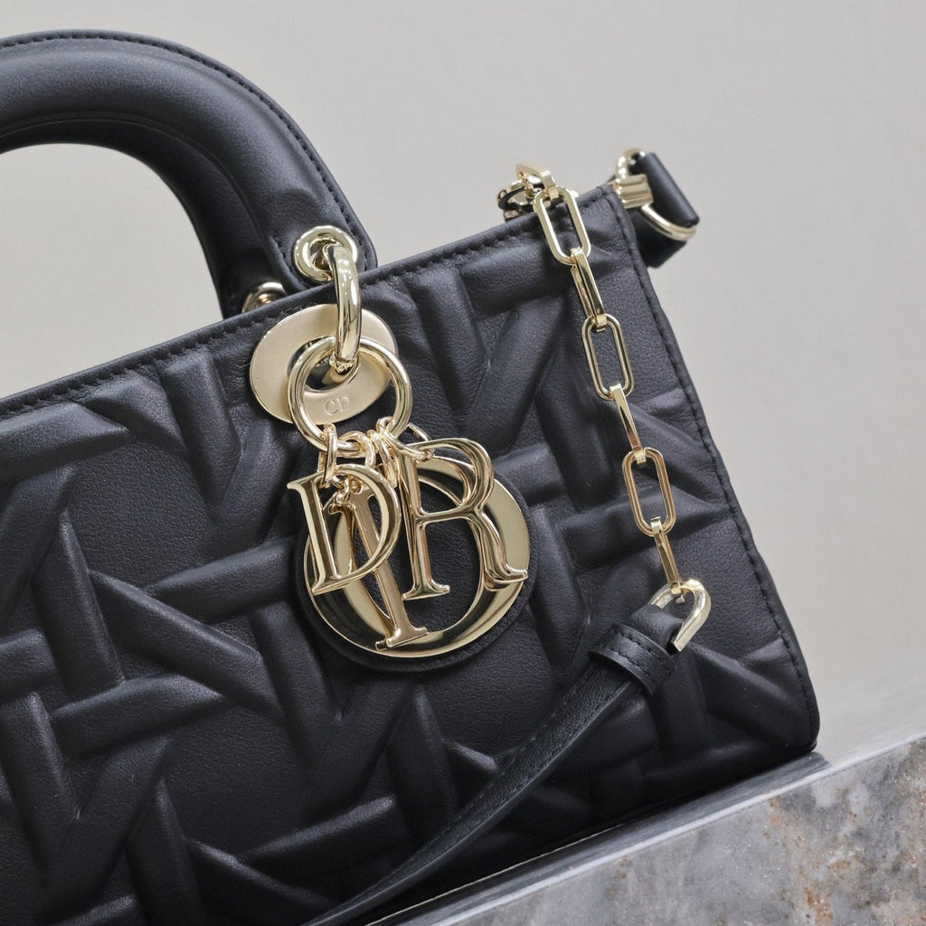 DIOR LADY D-JOY BAG 26 IN BLACK GRAPHIC CANNAGE CALFSKIN PALE GOLD-FINISH METAL CHARMS
