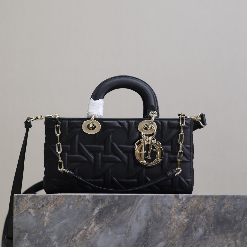 DIOR LADY D-JOY BAG 26 IN BLACK GRAPHIC CANNAGE CALFSKIN PALE GOLD-FINISH METAL CHARMS