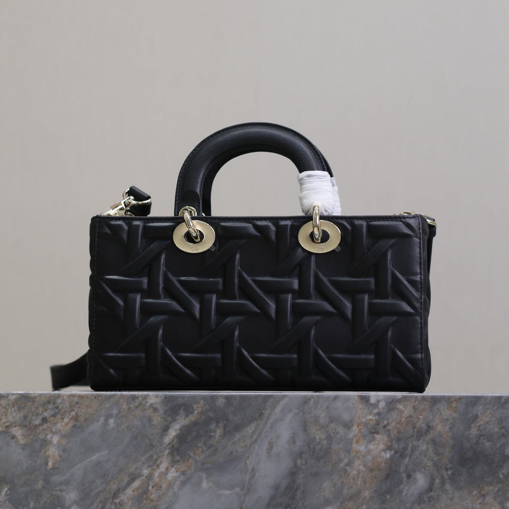 DIOR LADY D-JOY BAG 26 IN BLACK GRAPHIC CANNAGE CALFSKIN PALE GOLD-FINISH METAL CHARMS