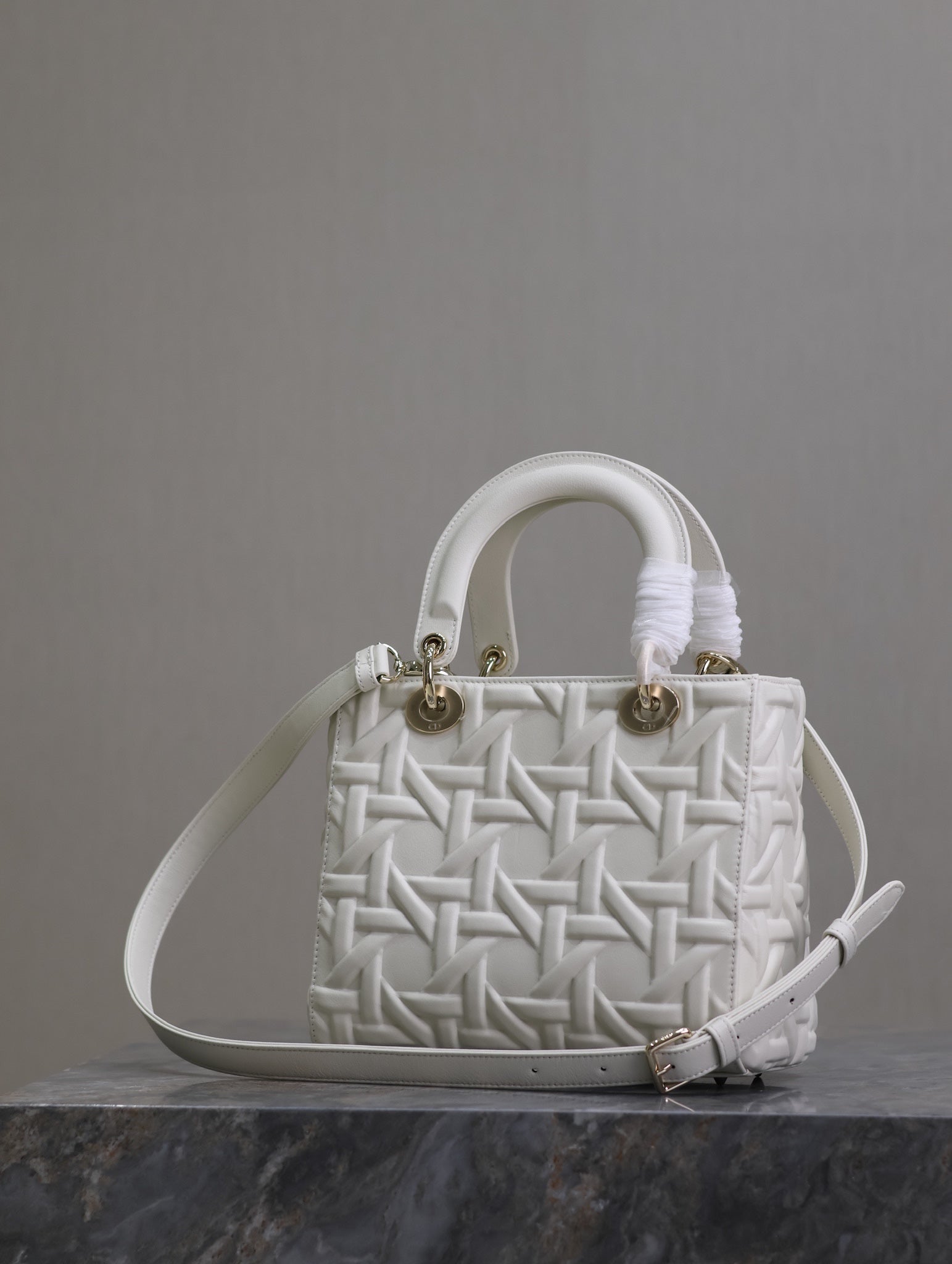 DIOR LADY BAG 24 IN WHITE GRAPHIC CANNAGE CALFSKIN PALE GOLD-FINISH METAL CHARMS