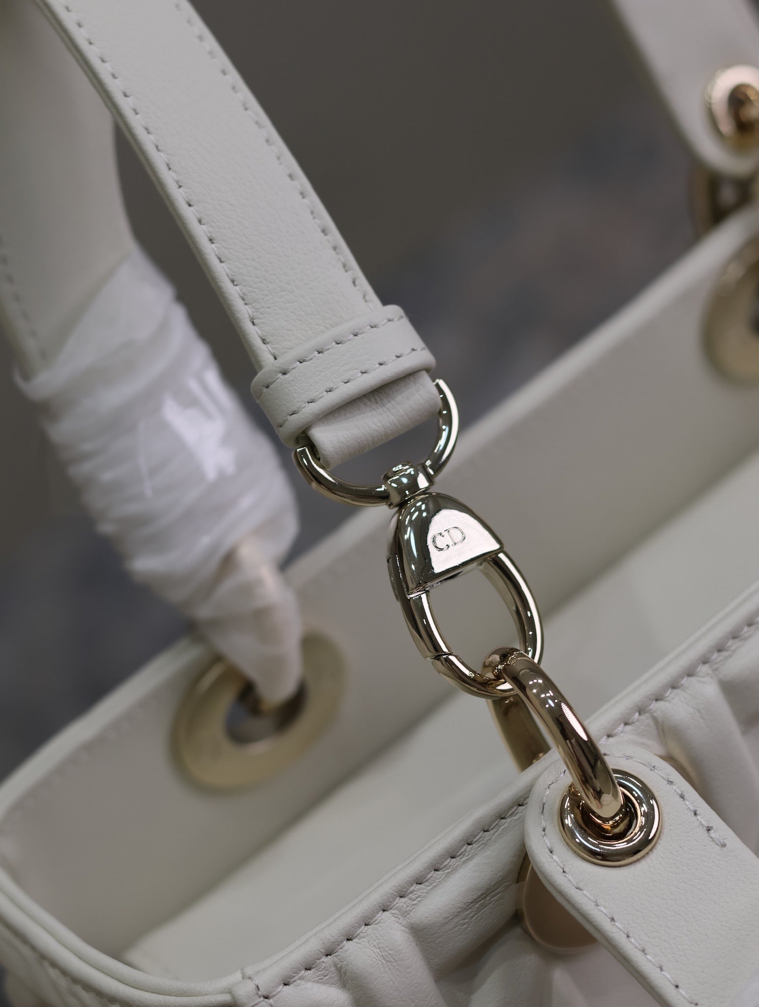 DIOR LADY BAG 24 IN WHITE GRAPHIC CANNAGE CALFSKIN PALE GOLD-FINISH METAL CHARMS