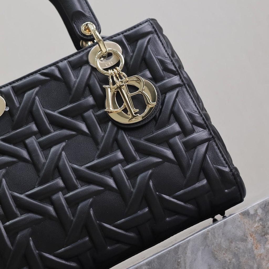 DIOR LADY BAG 24 IN BLACK GRAPHIC CANNAGE CALFSKIN PALE GOLD-FINISH METAL CHARMS