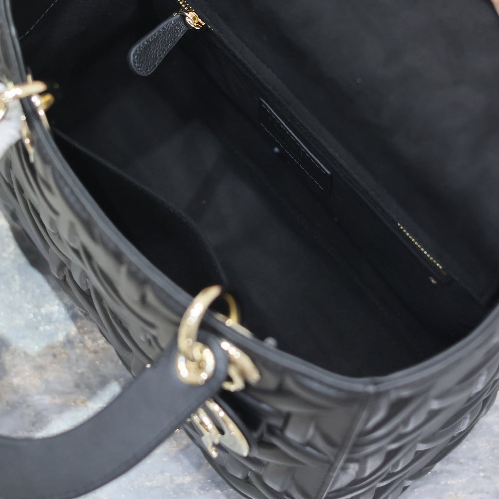 DIOR LADY BAG 24 IN BLACK GRAPHIC CANNAGE CALFSKIN PALE GOLD-FINISH METAL CHARMS