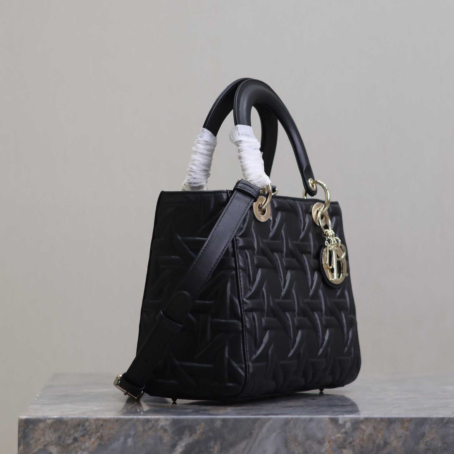 DIOR LADY BAG 24 IN BLACK GRAPHIC CANNAGE CALFSKIN PALE GOLD-FINISH METAL CHARMS