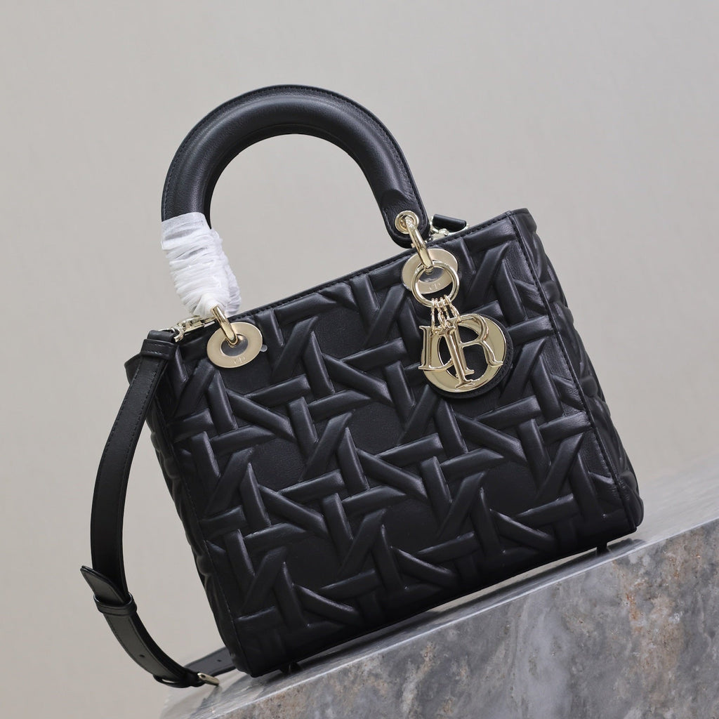 DIOR LADY BAG 24 IN BLACK GRAPHIC CANNAGE CALFSKIN PALE GOLD-FINISH METAL CHARMS