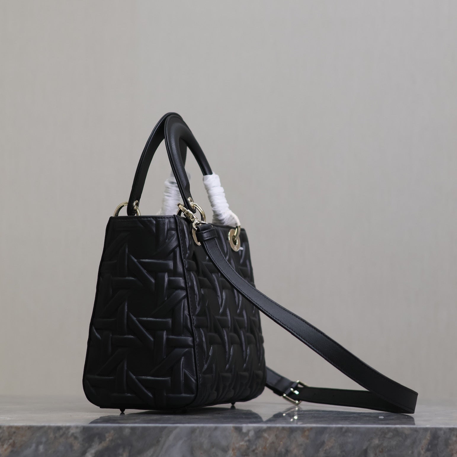 DIOR LADY BAG 24 IN BLACK GRAPHIC CANNAGE CALFSKIN PALE GOLD-FINISH METAL CHARMS