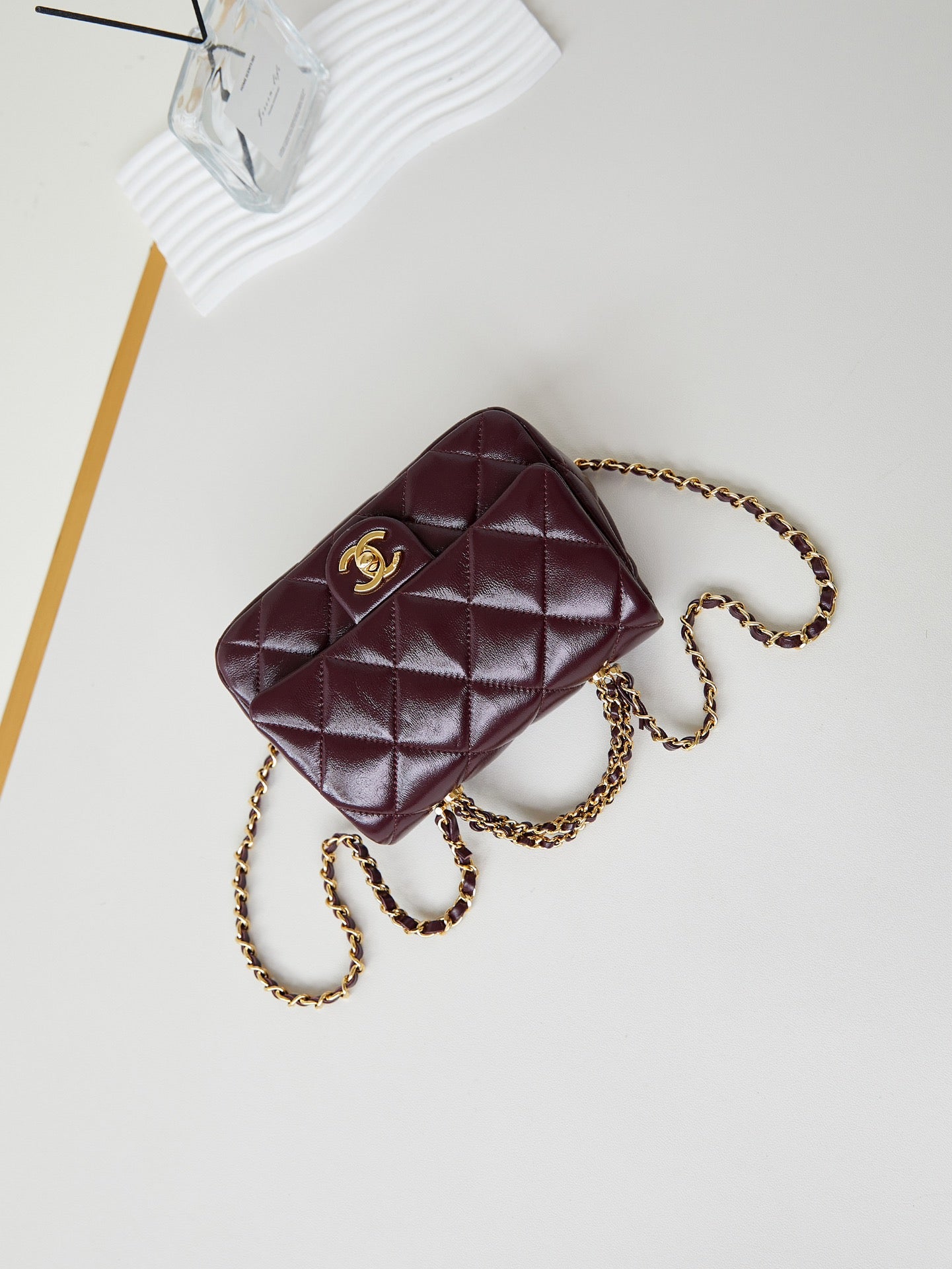 CHANEL FLAP BAG WITH TOP HANDLE 18 IN WINE RED OIL-WAX LAMBSKIN GOLD HARDWARE
