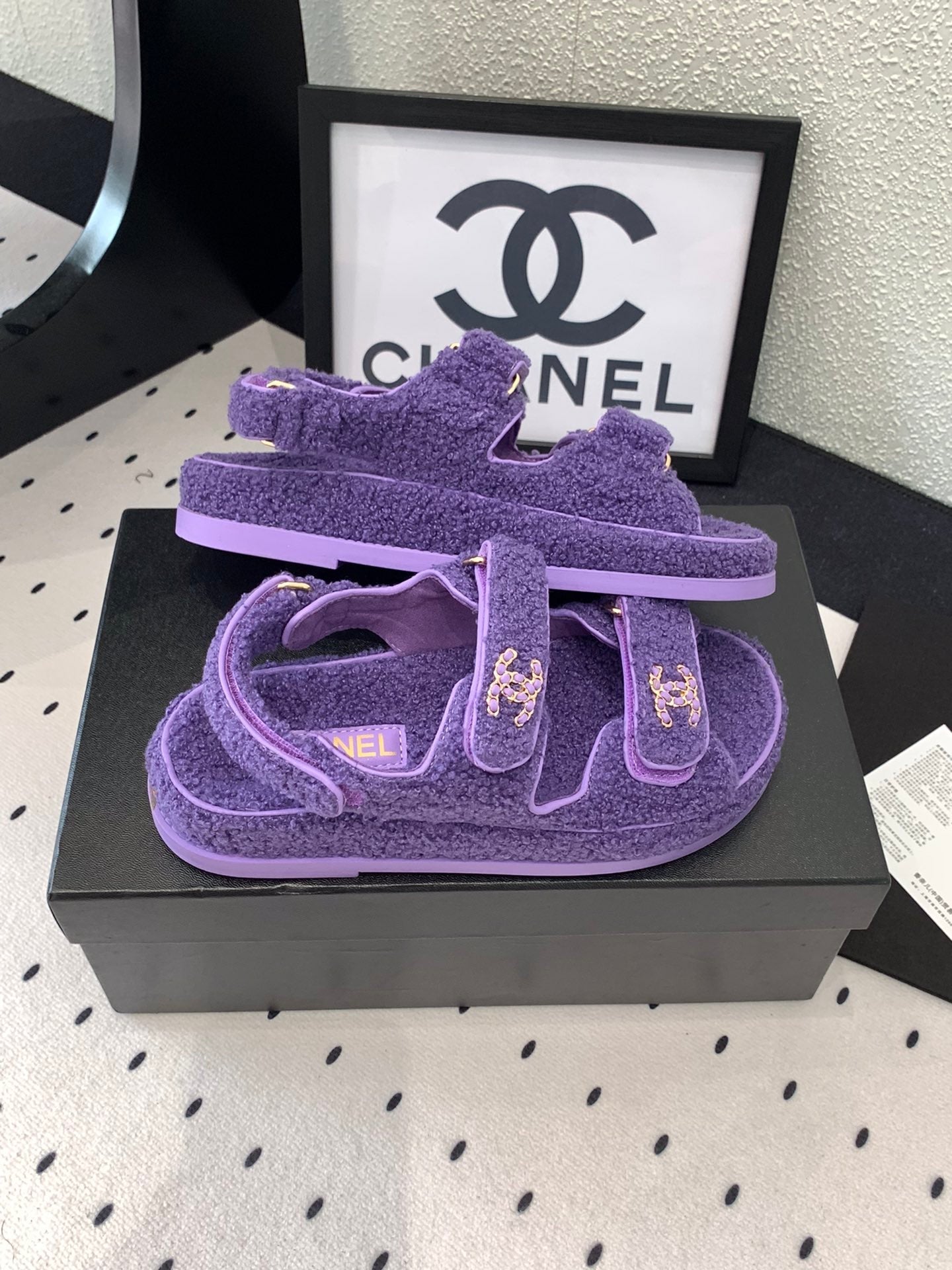 CHANEL DAD SANDAL PLUM PURPLE LAMB FUR